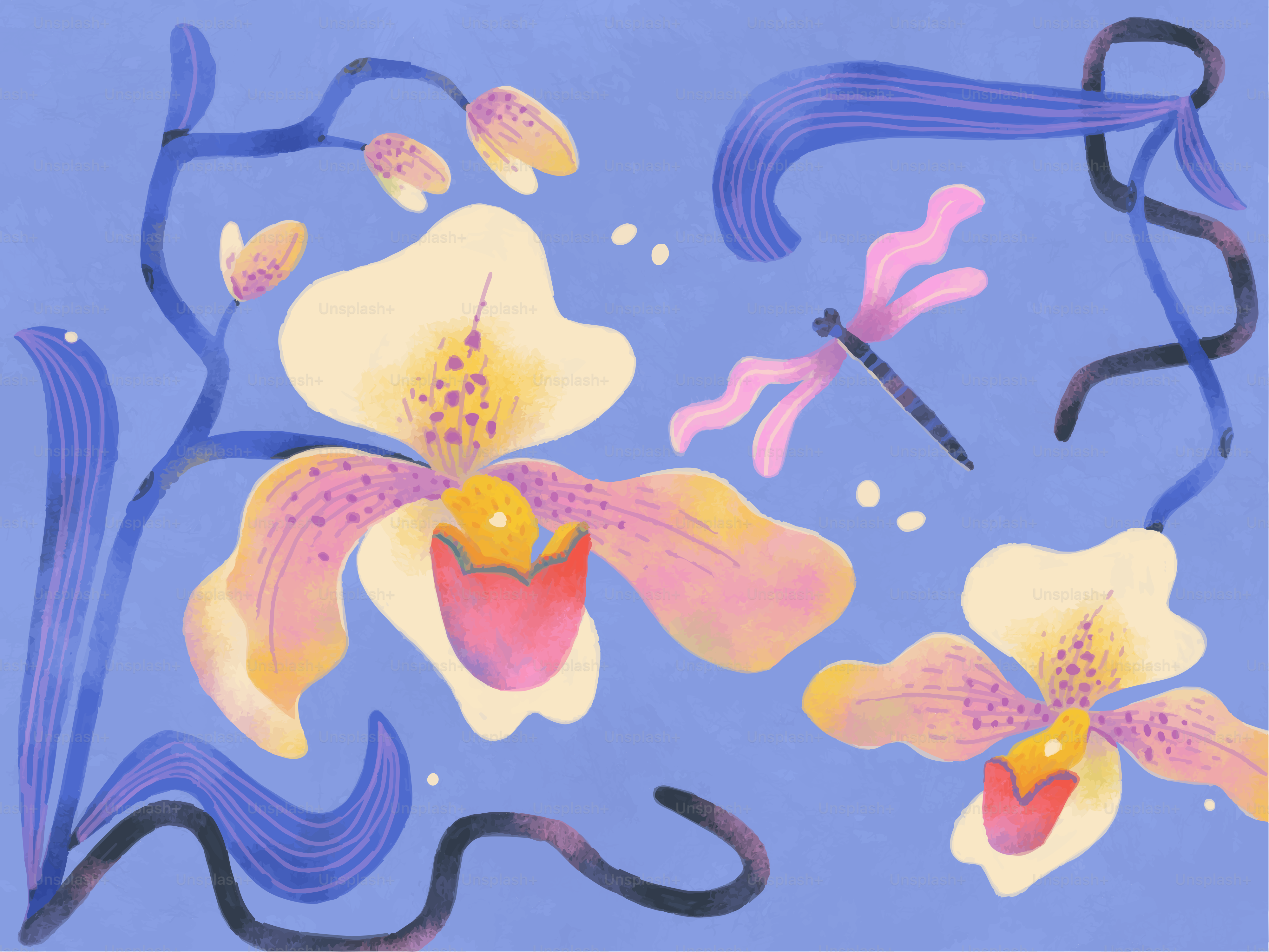 Zwei Orchideen und eine rosa Libelle auf einem einfarbigen hellblauen Hintergrund