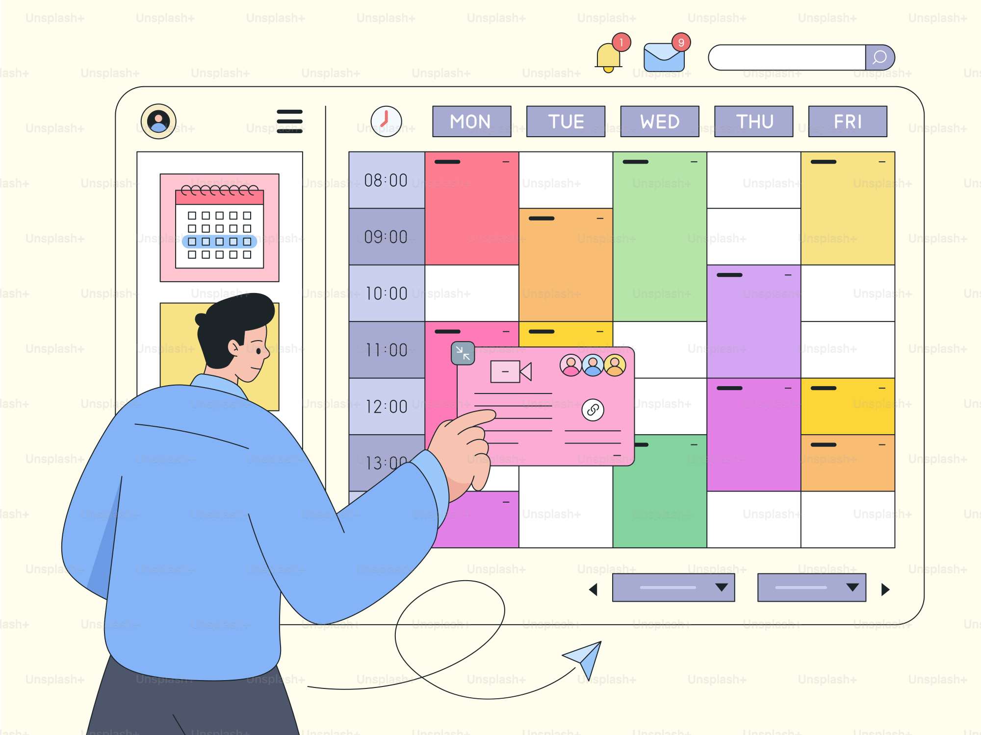 Une personne en chemise bleue interagissant avec une interface de calendrier numérique hebdomadaire