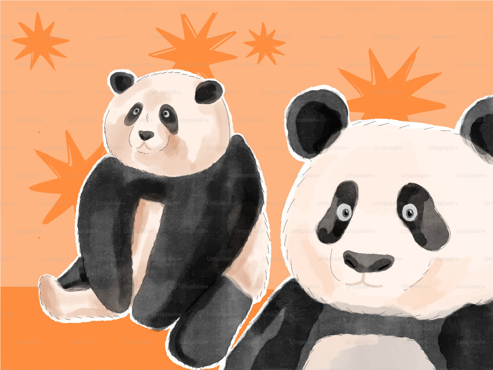 Zwei riesige Pandas vor einem leuchtend orangefarbenen Sternburst-Hintergrund