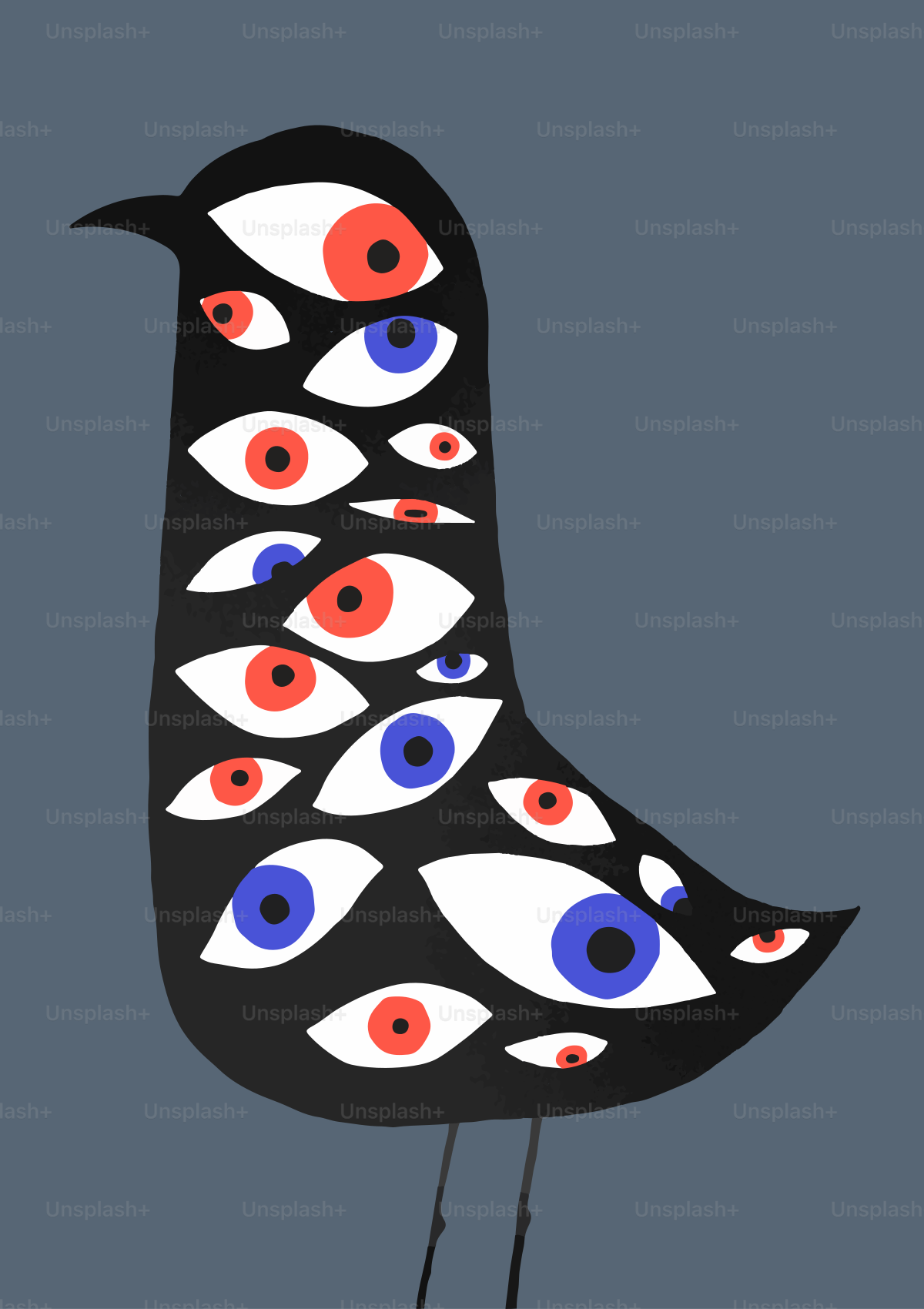Stylized bird covered in numerous red and blue eyes