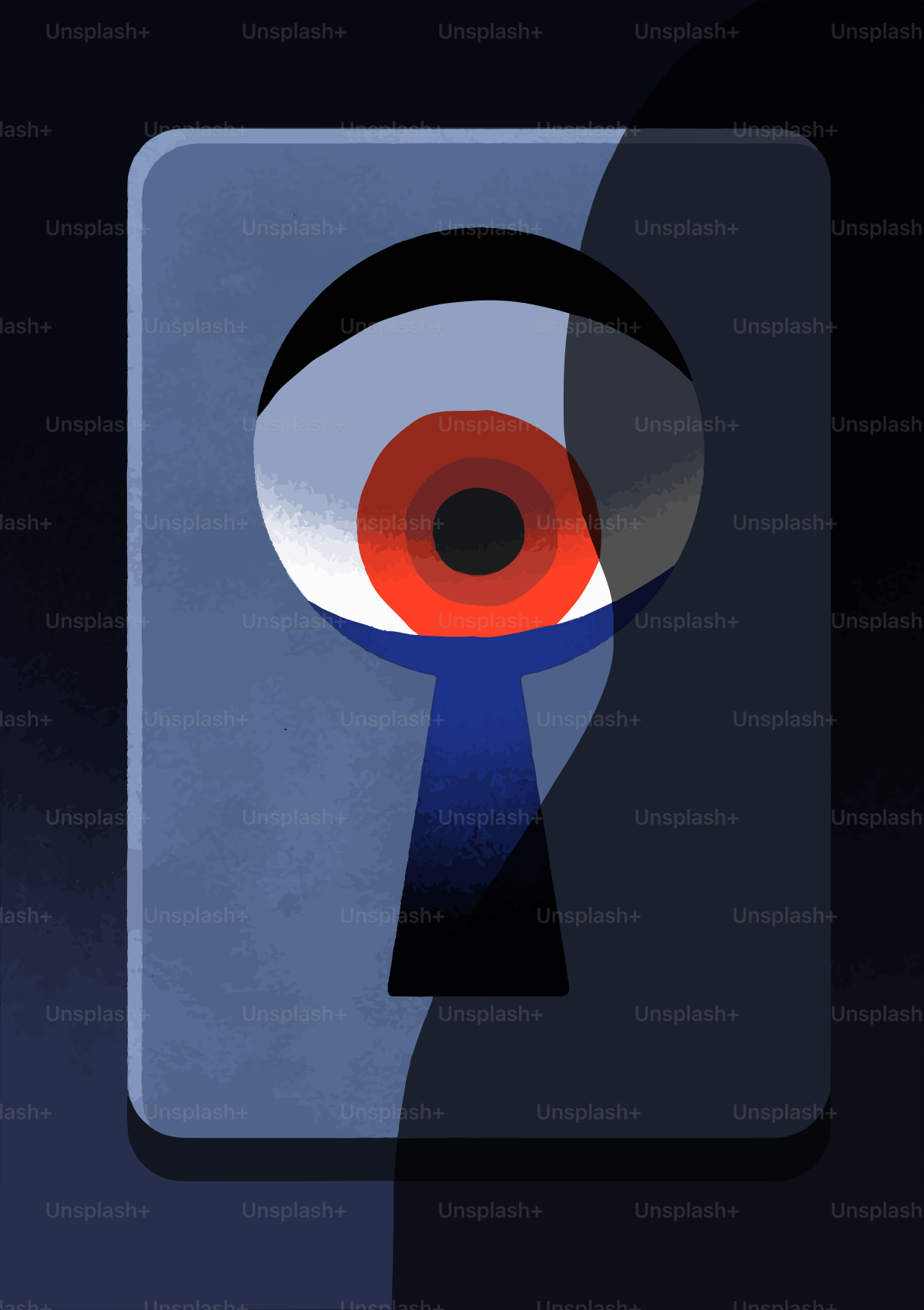 Red eye peering through dark keyhole