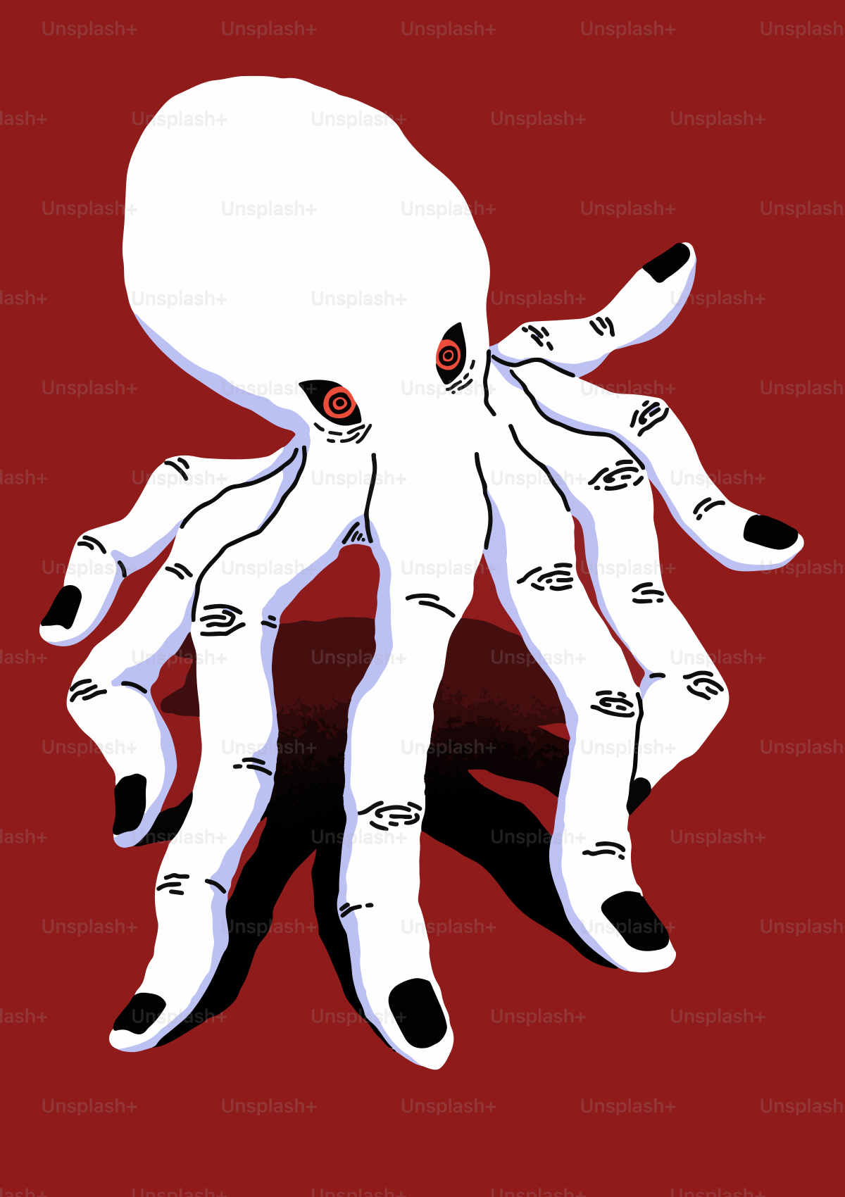 White octopus with human fingers and red eyes