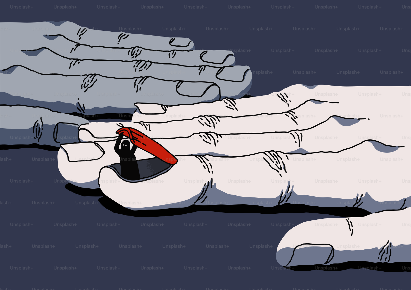 Small black figure with red between large hands