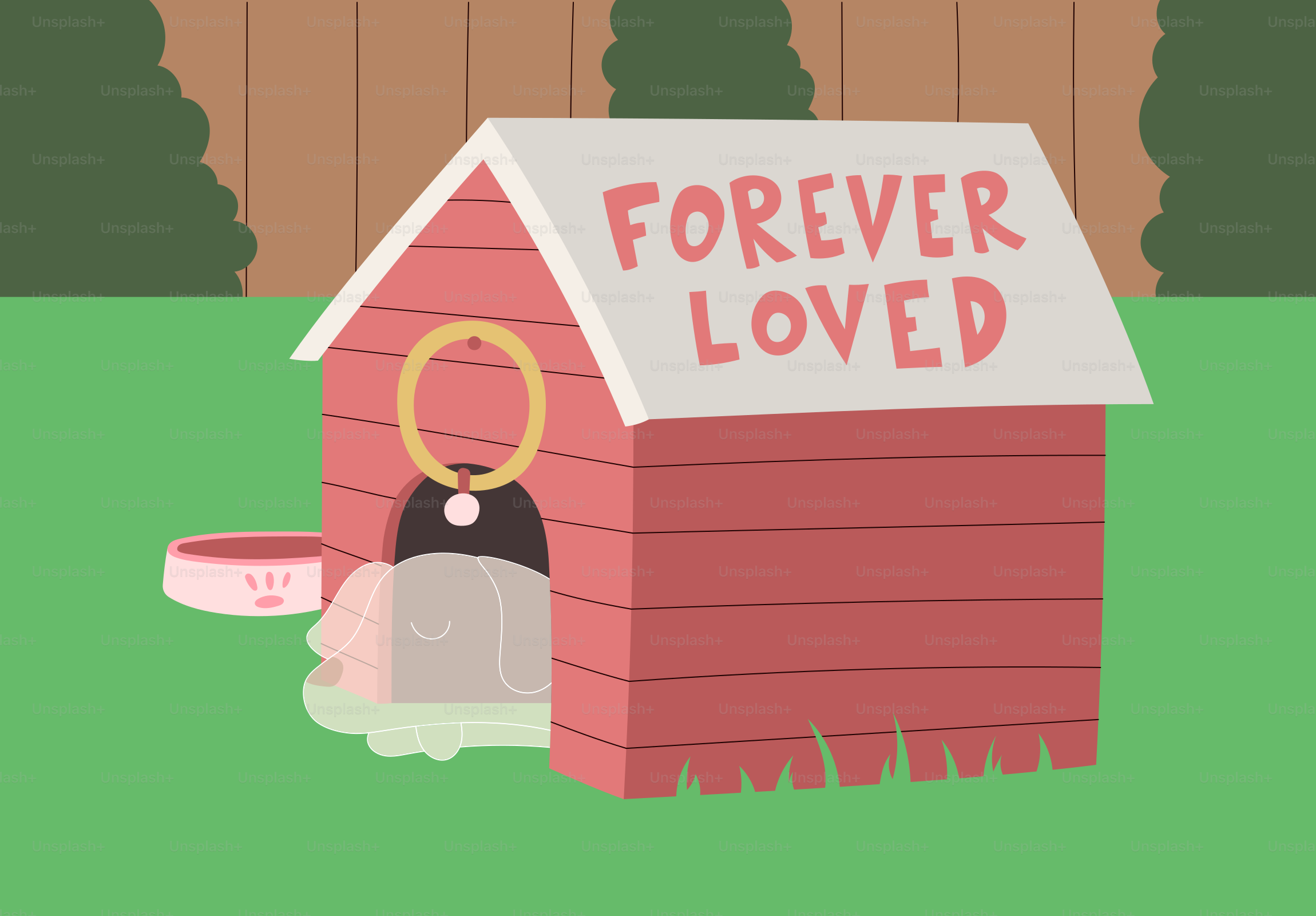 A dog sleeping in a red doghouse with the words FOREVER LOVED on the roof