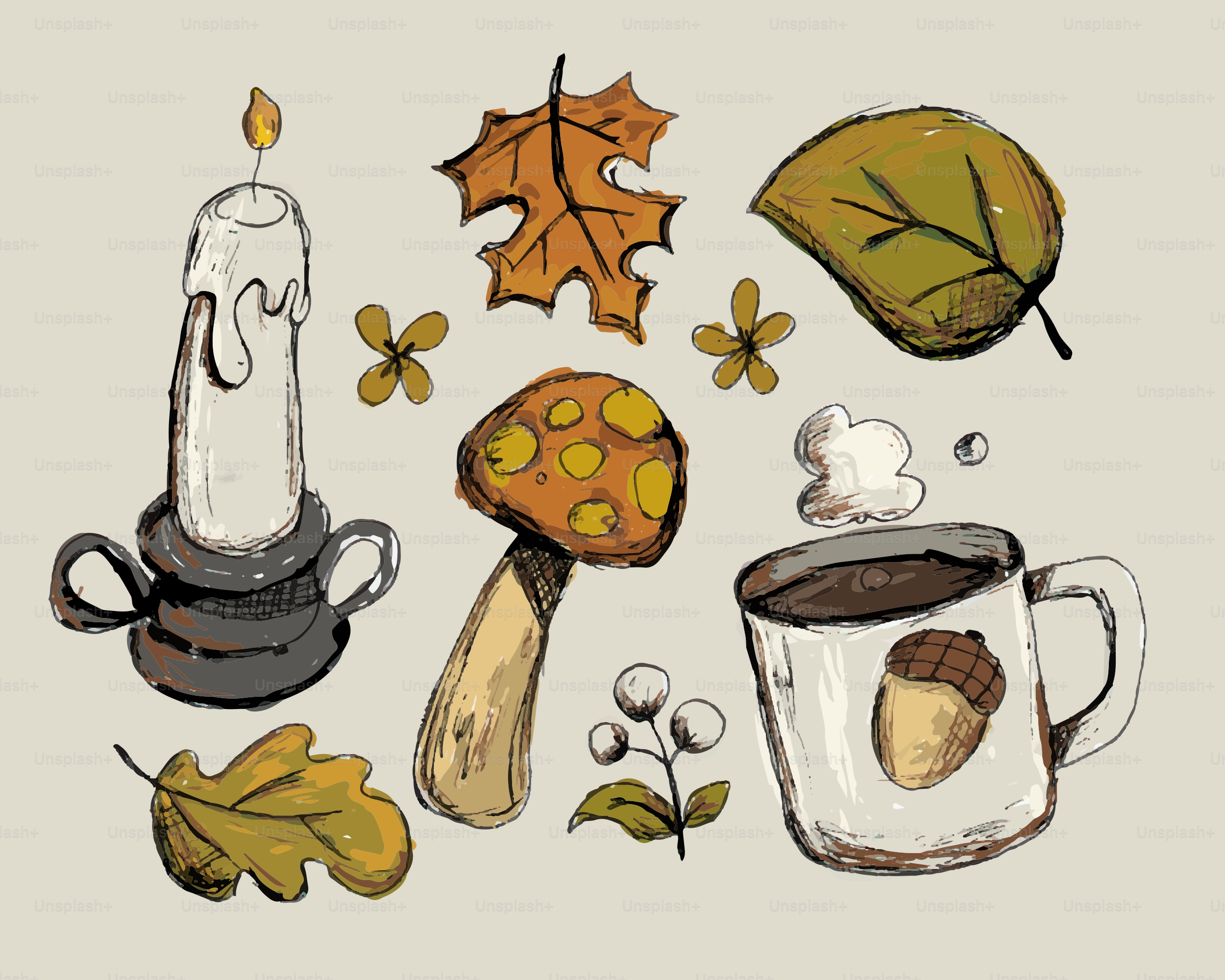 Uma vela, folhas de outono, um cogumelo e uma caneca com uma ilustração de bolota