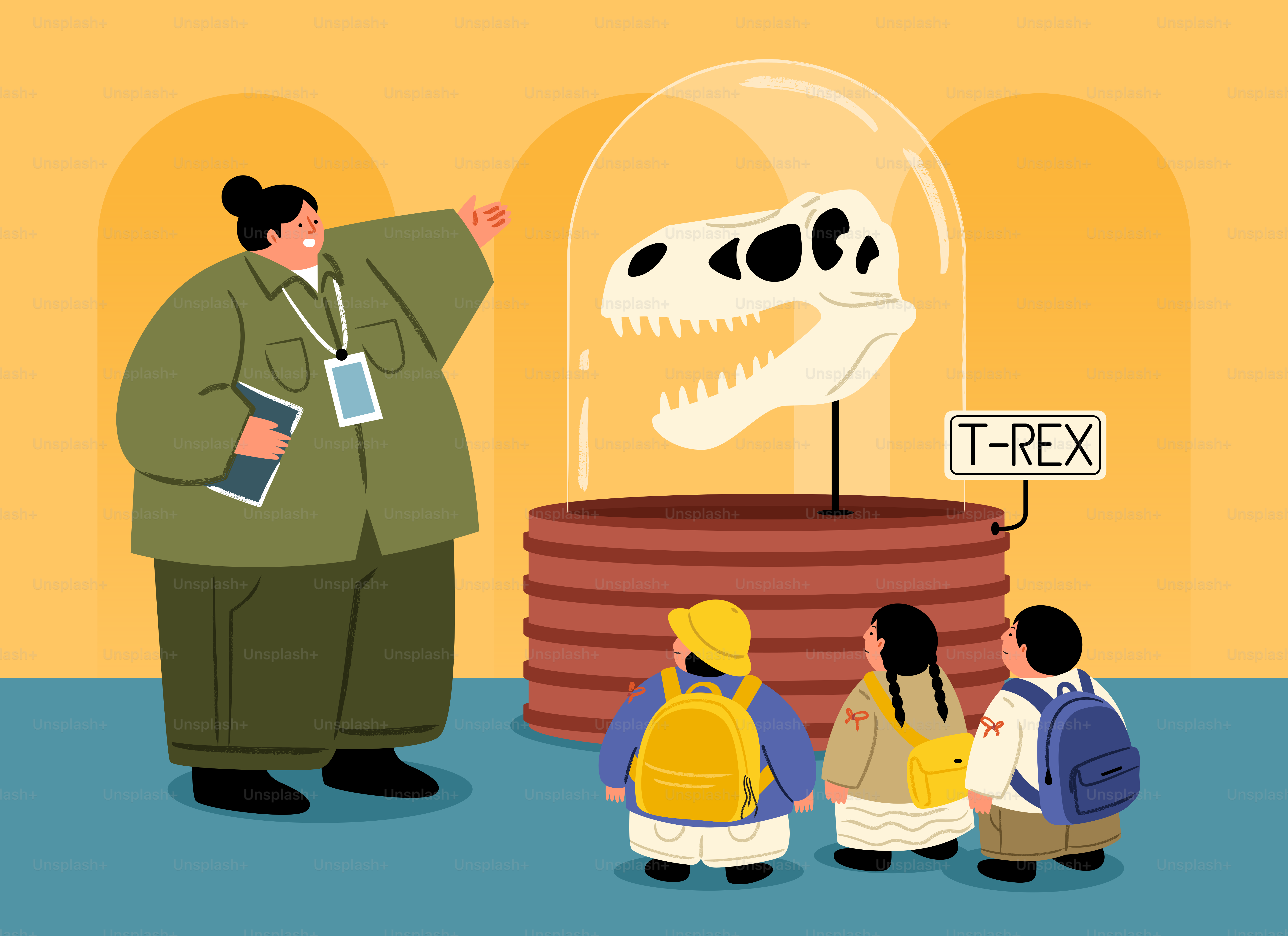 Un guía de museo señalando un cráneo de T-Rex para tres niños en una galería