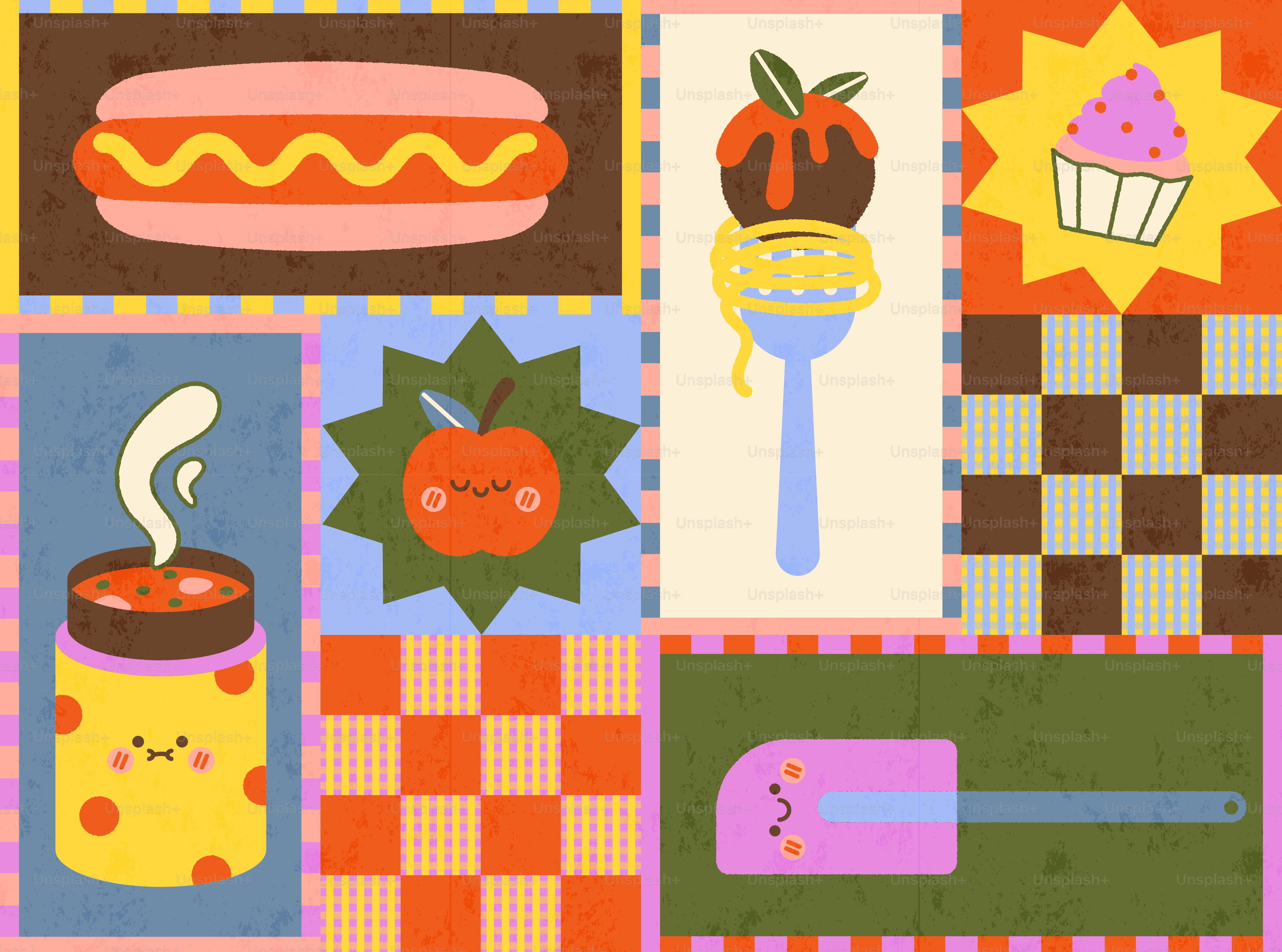 Pola ilustrasi makanan yang ditambal sulam termasuk hot dog, cupcake, dan sup
