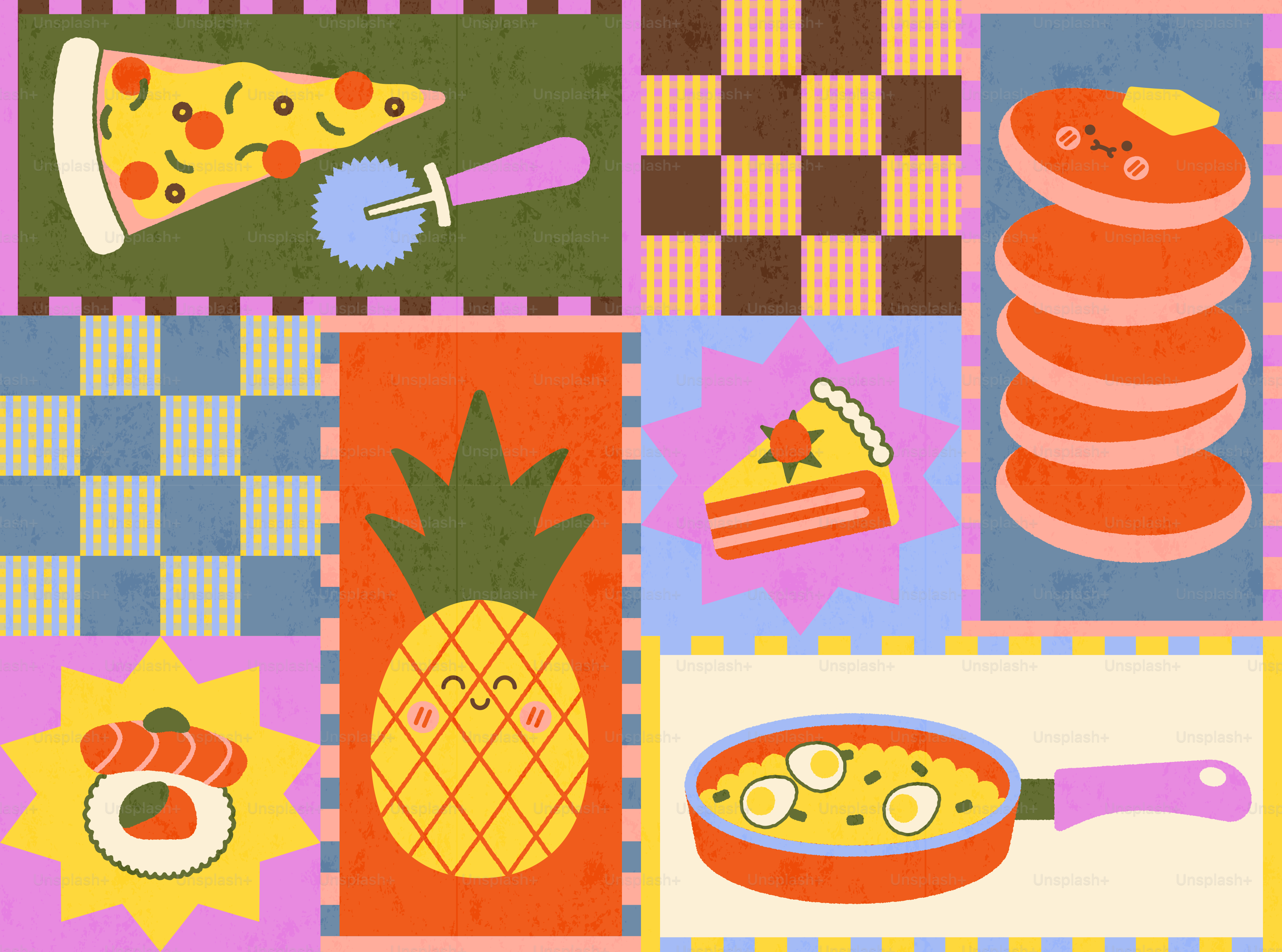 Pola ilustrasi makanan yang ditambal sulam termasuk pizza, pancake, nanas, sushi, dan telur