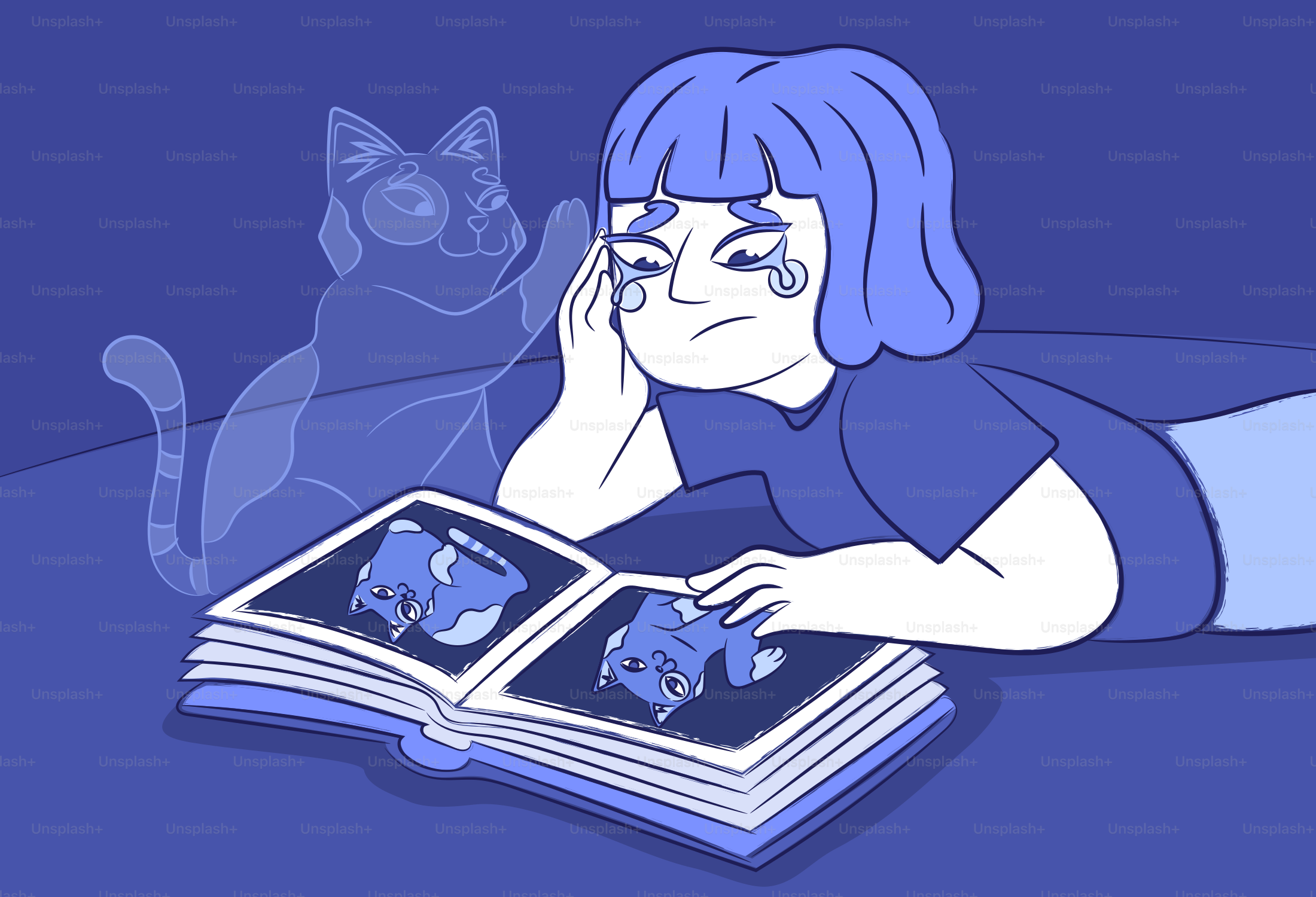 Una persona llorando mientras mira un libro con ilustraciones de gatos, con un contorno de gato cerca.