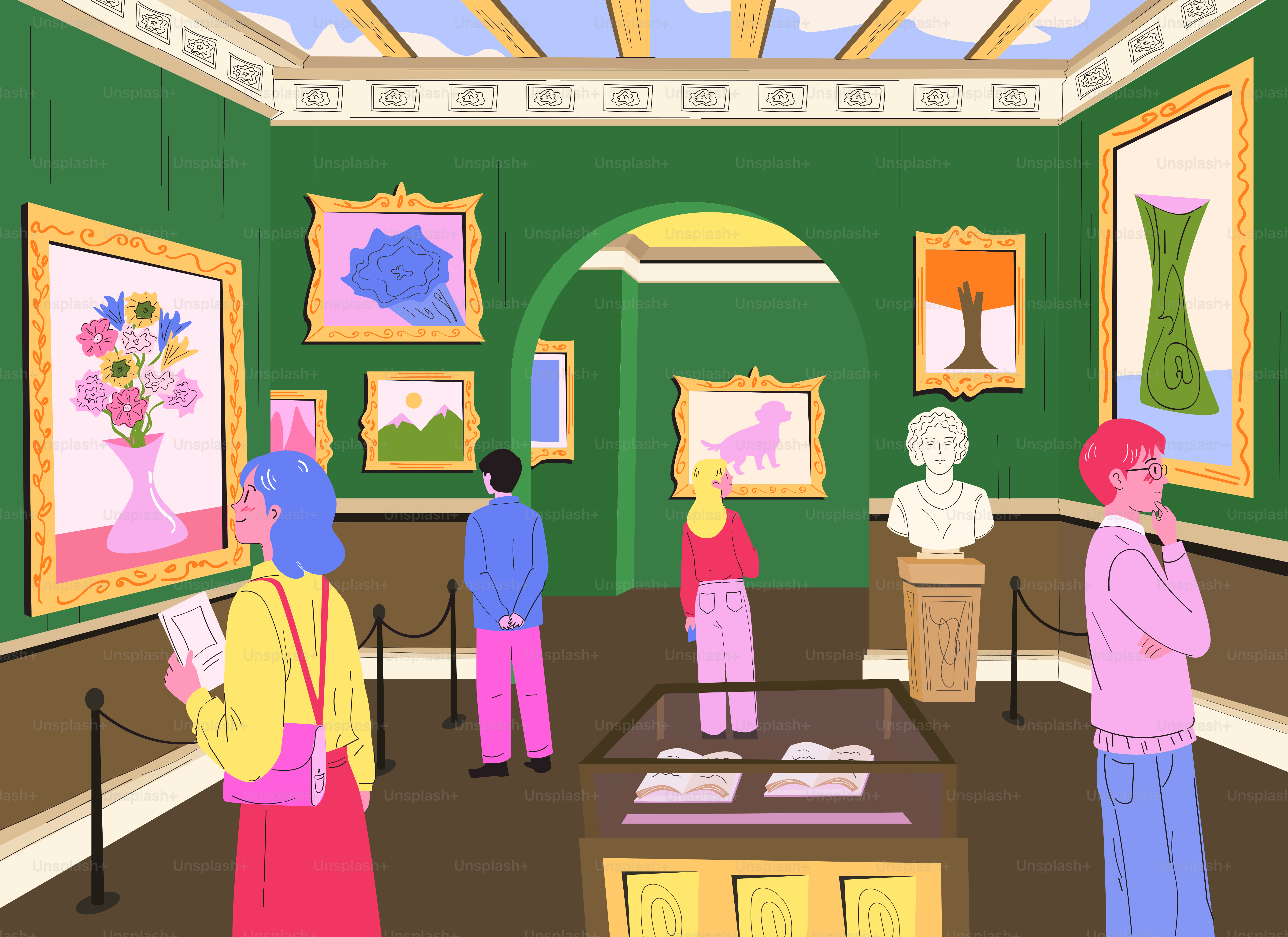Menschen, die gerahmte Gemälde und eine Büste in einer grünen Kunstgalerie betrachten