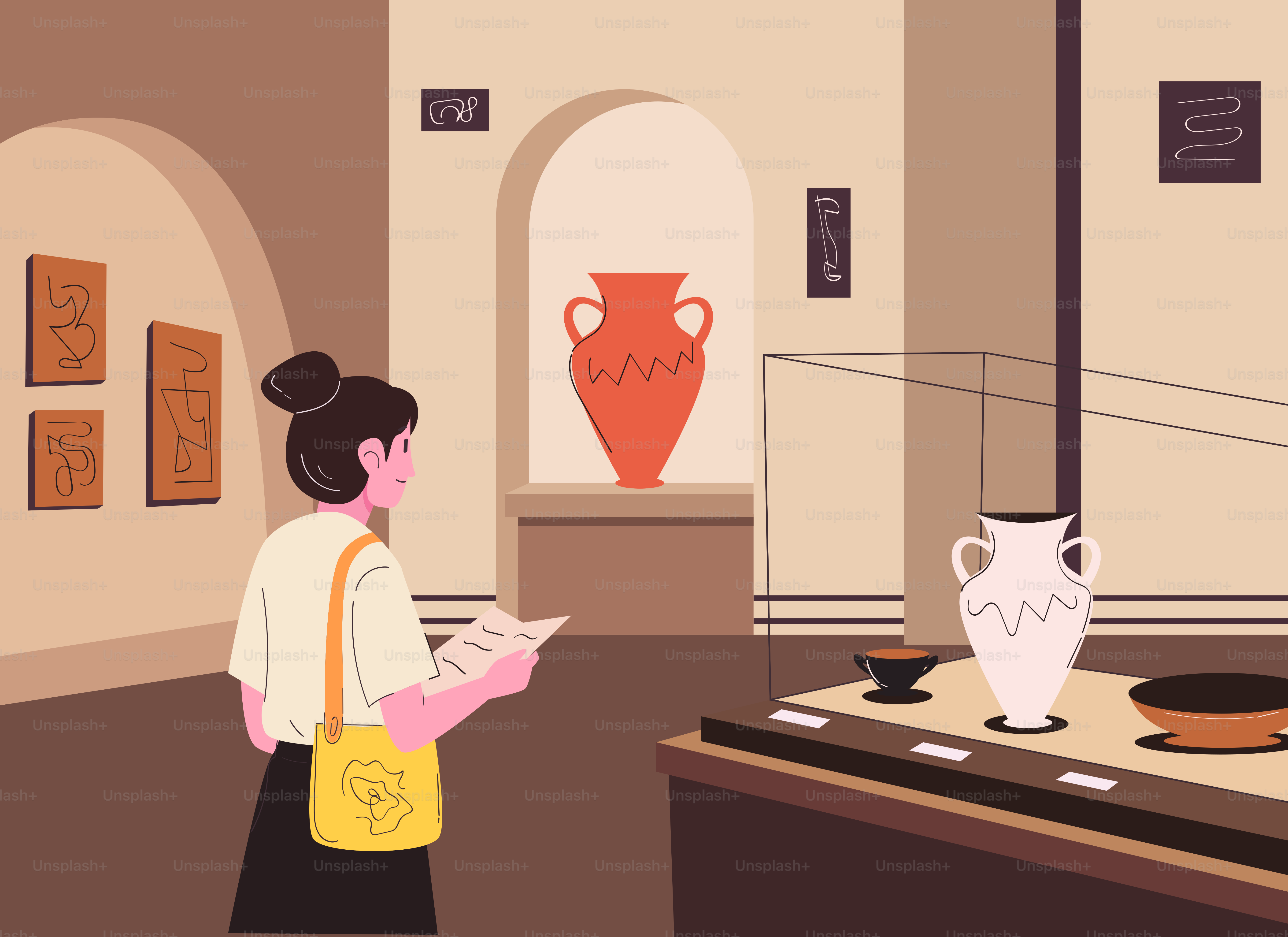 Eine Frau mit einer gelben Tasche, die Keramik in einer Museumsgalerie betrachtet