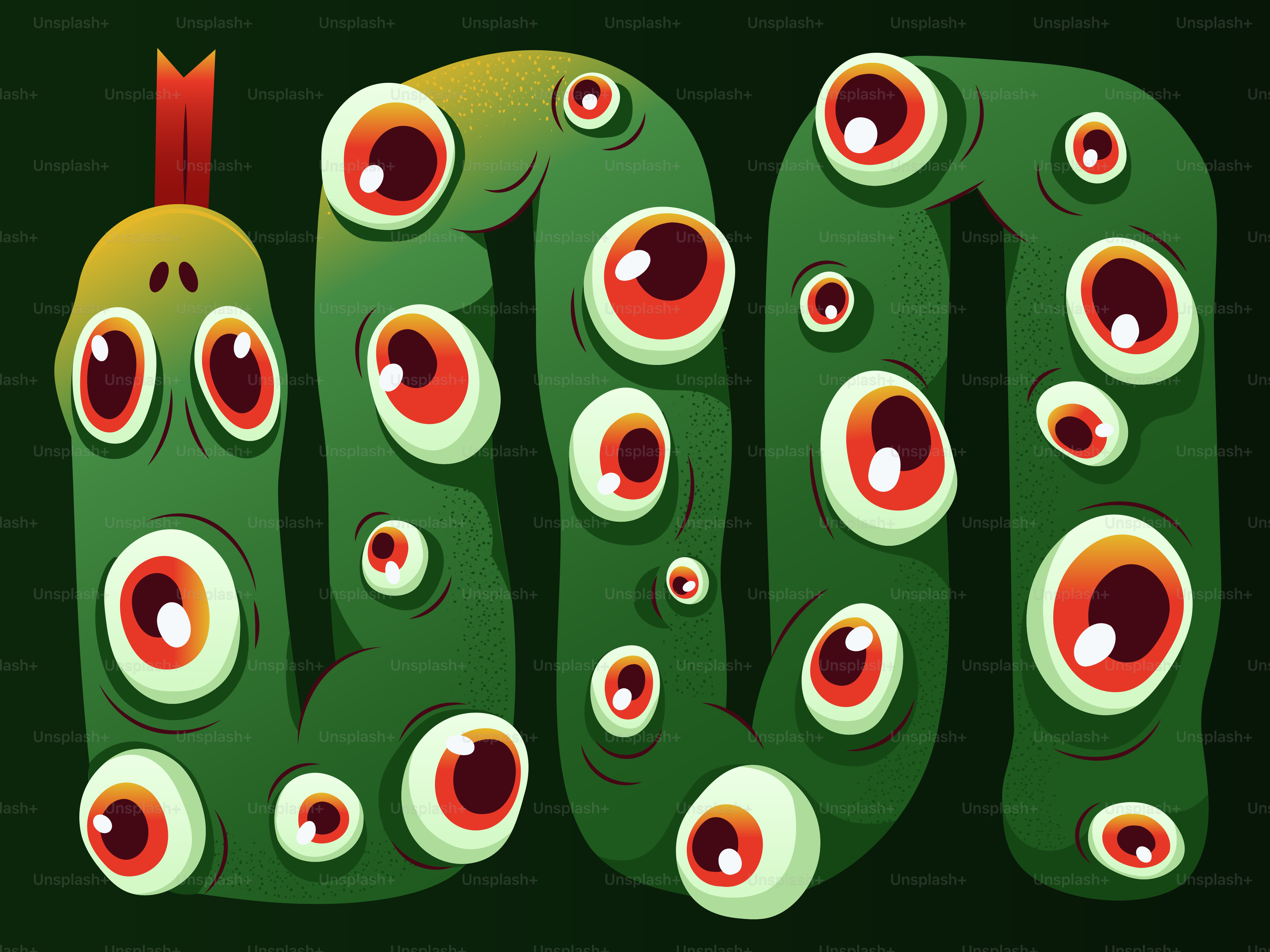 A green snake with many red and white eyes on a dark background
