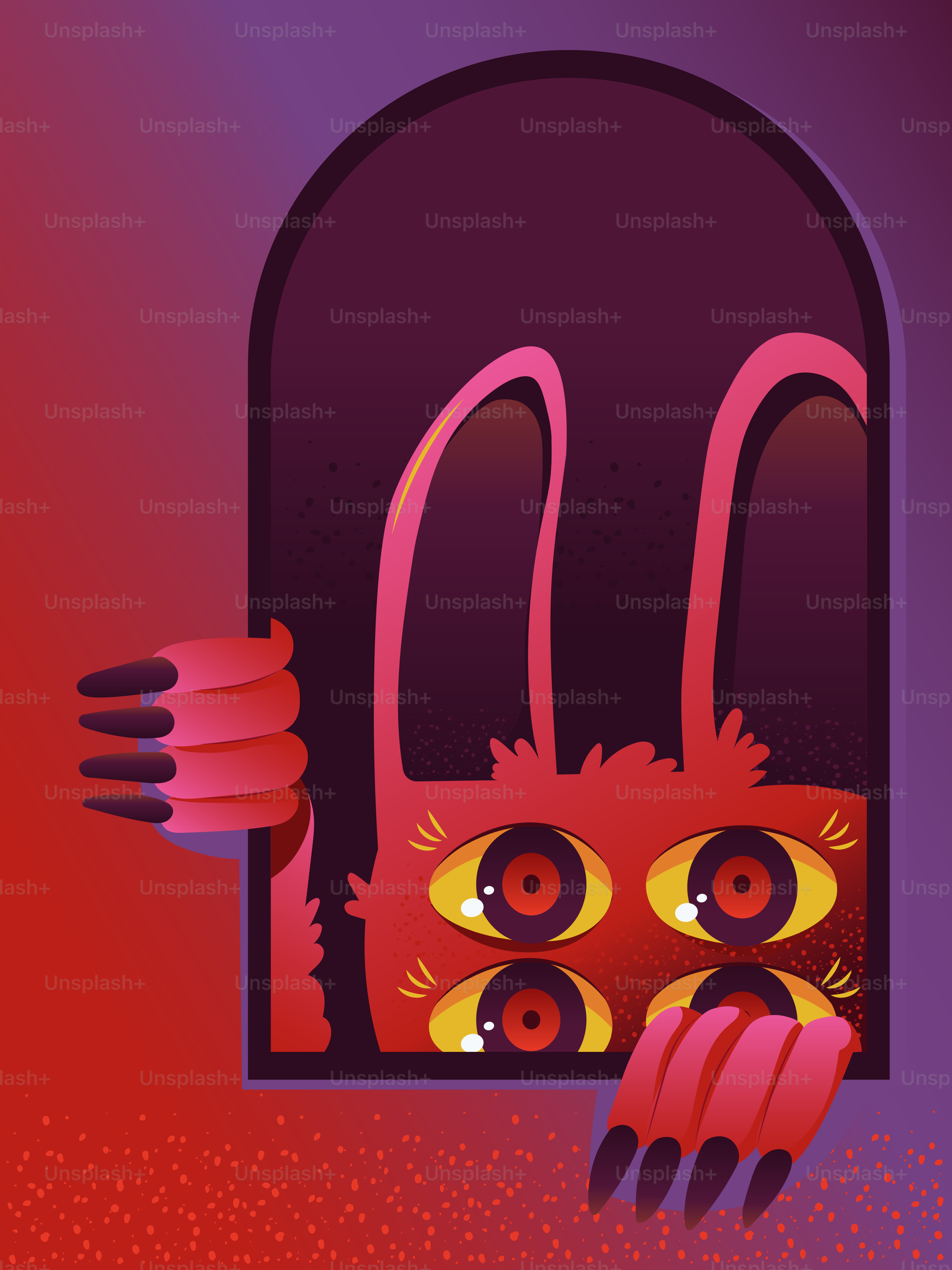 A red four-eyed monster with long ears peering through a dark arched window