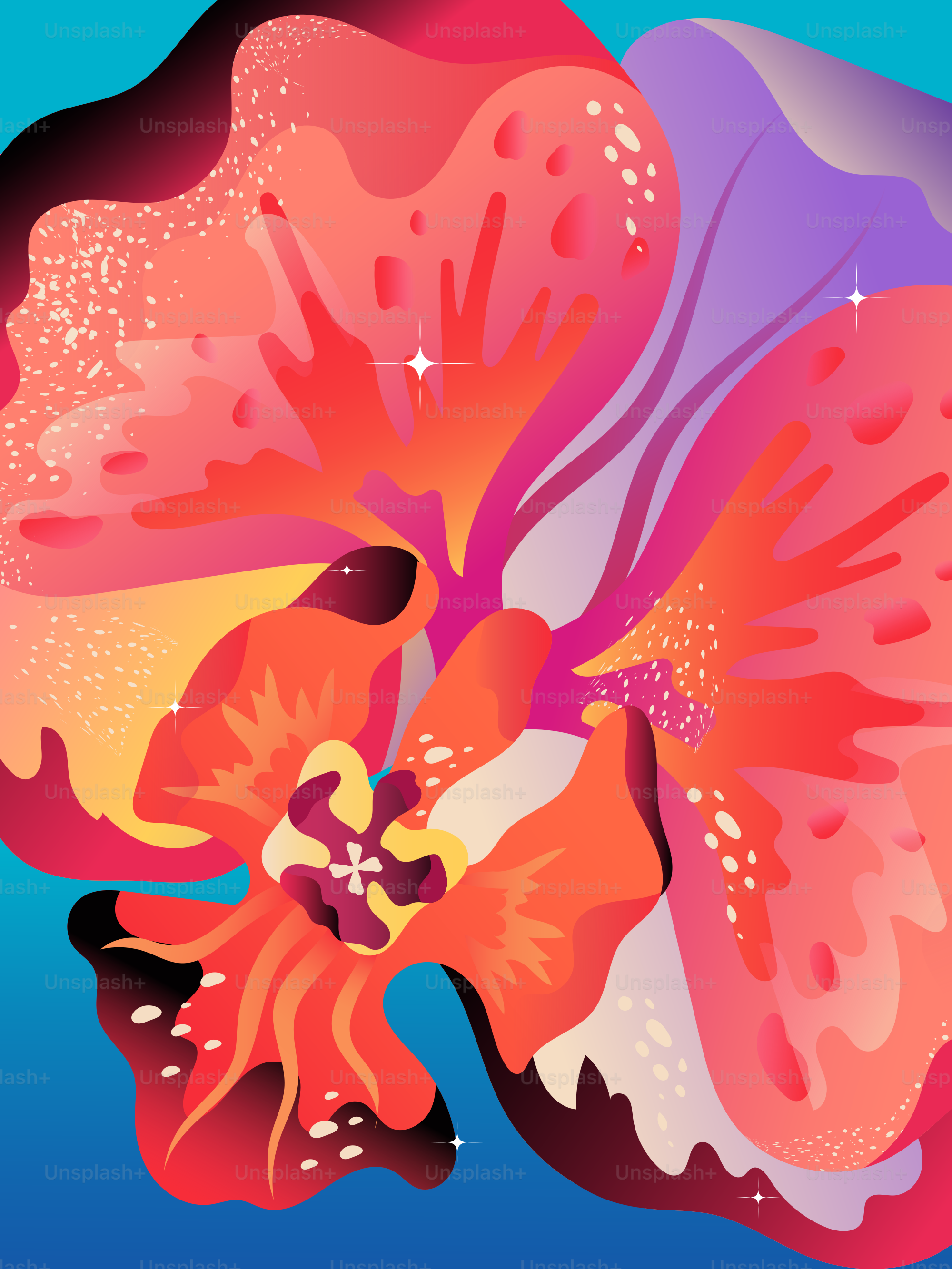Abstract stylized flower with vibrant red and orange petals against a blue background