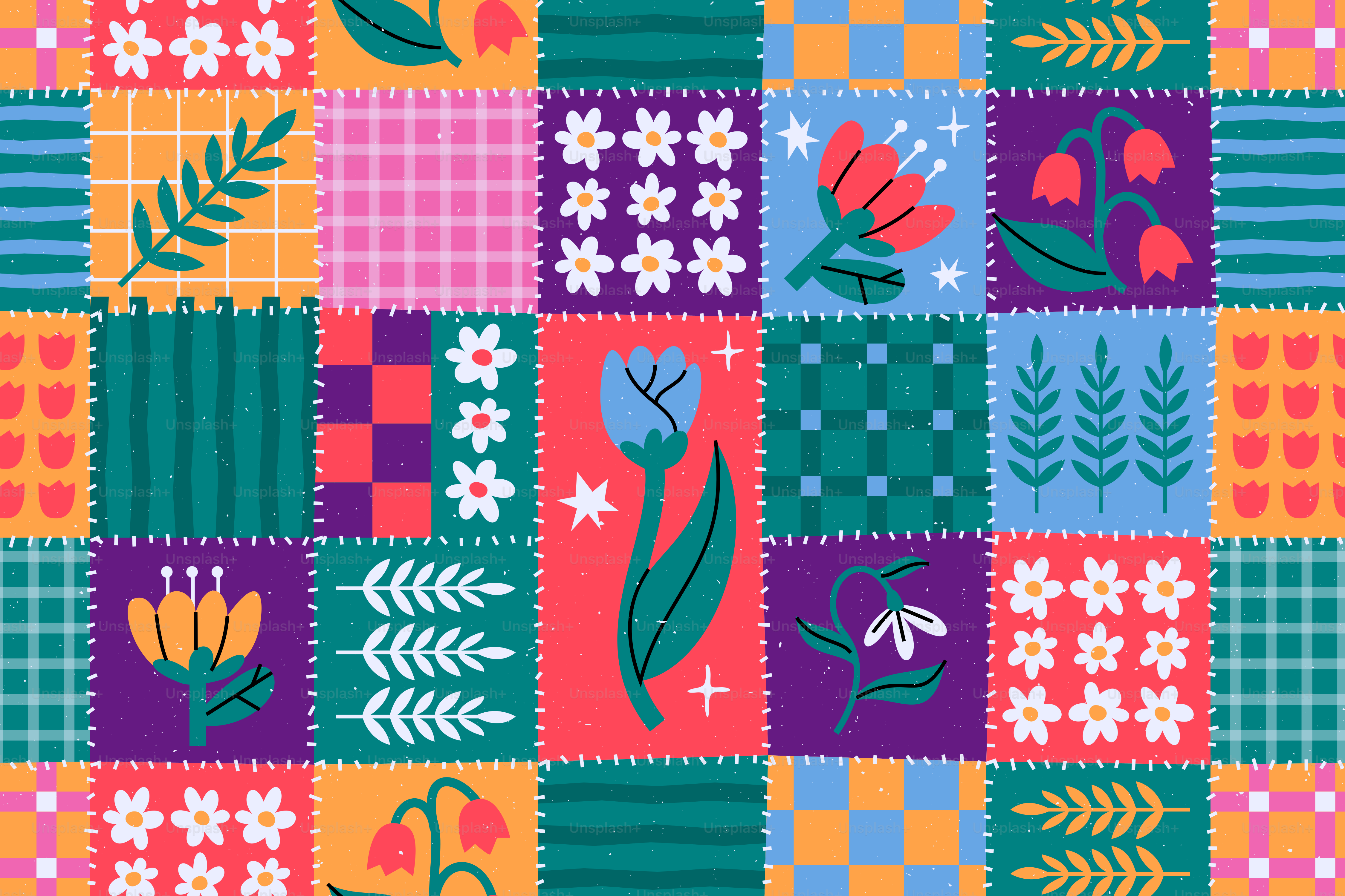 Pola patchwork warna-warni dari kotak-kotak yang menampilkan berbagai bunga, daun, dan bentuk geometris.