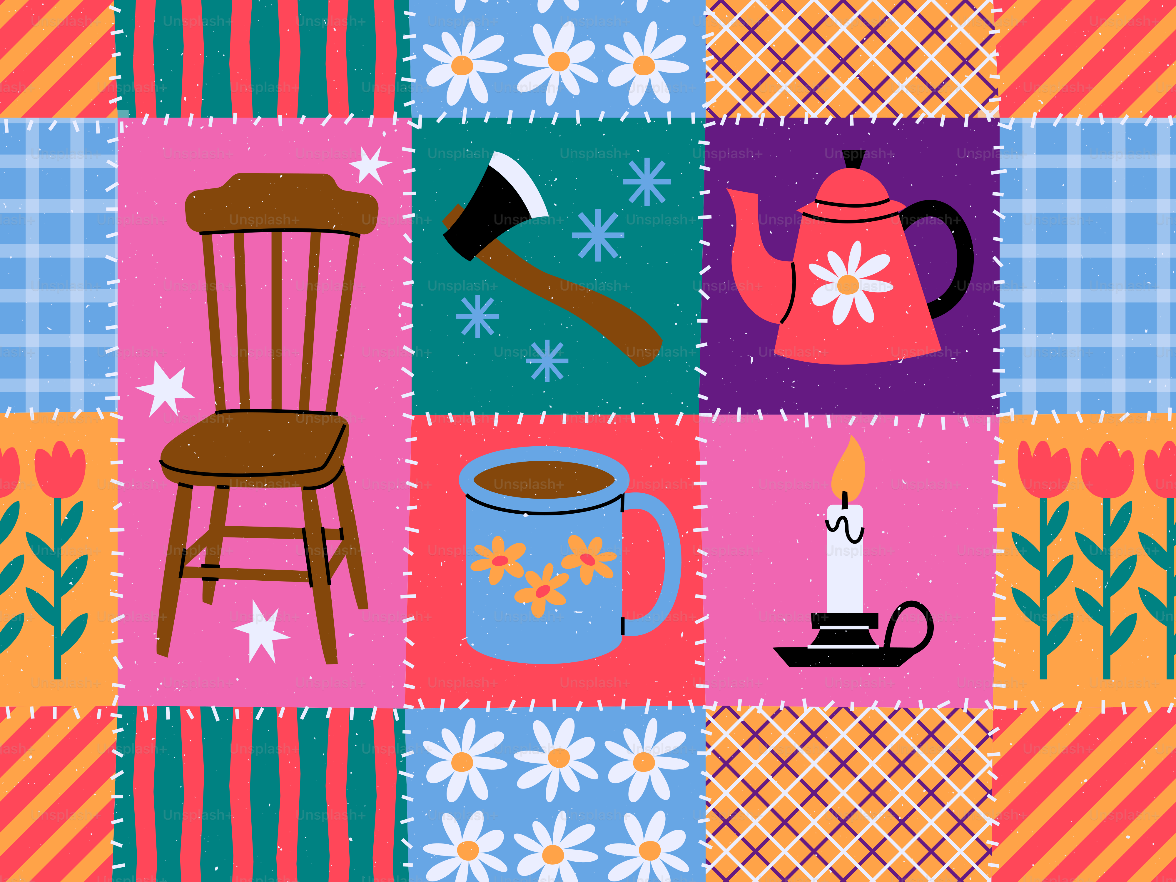 Pola quilt patchwork yang menampilkan kursi, kapak, teko, cangkir, lilin, dan bunga.