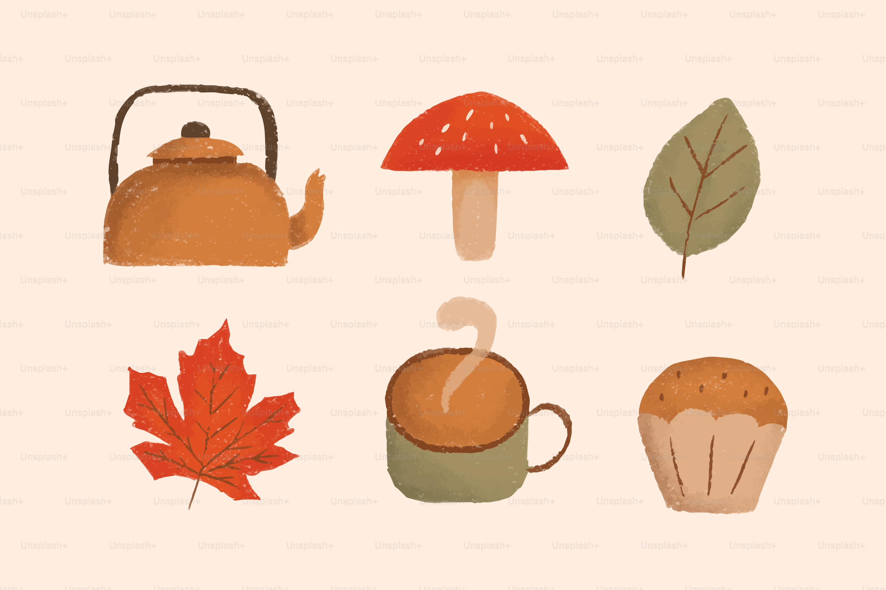 Uma chaleira, cogumelo, folha, folha de bordo, caneca fumegante e muffin sobre bege