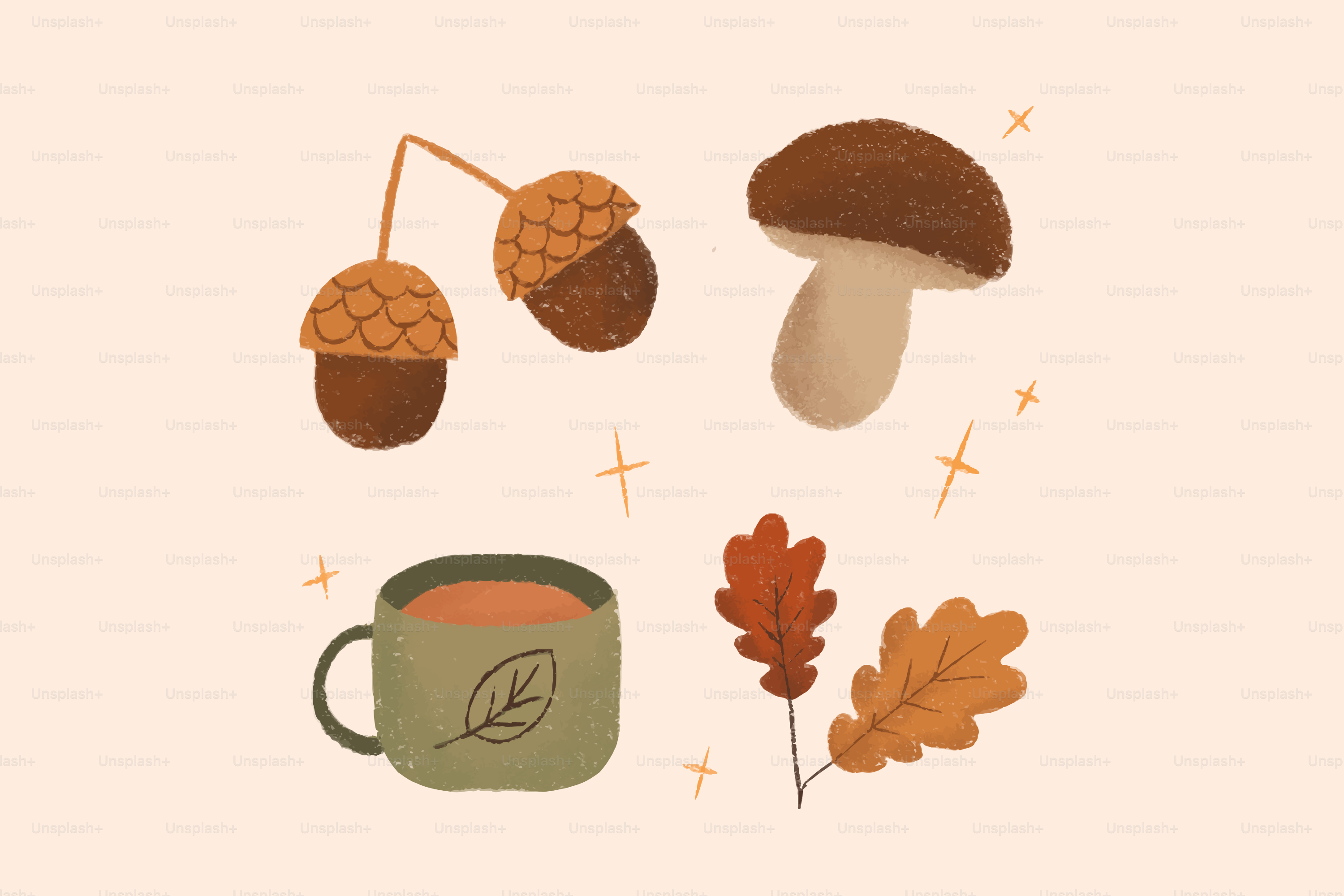 Bolotas, um cogumelo, uma caneca e folhas de outono em um fundo claro