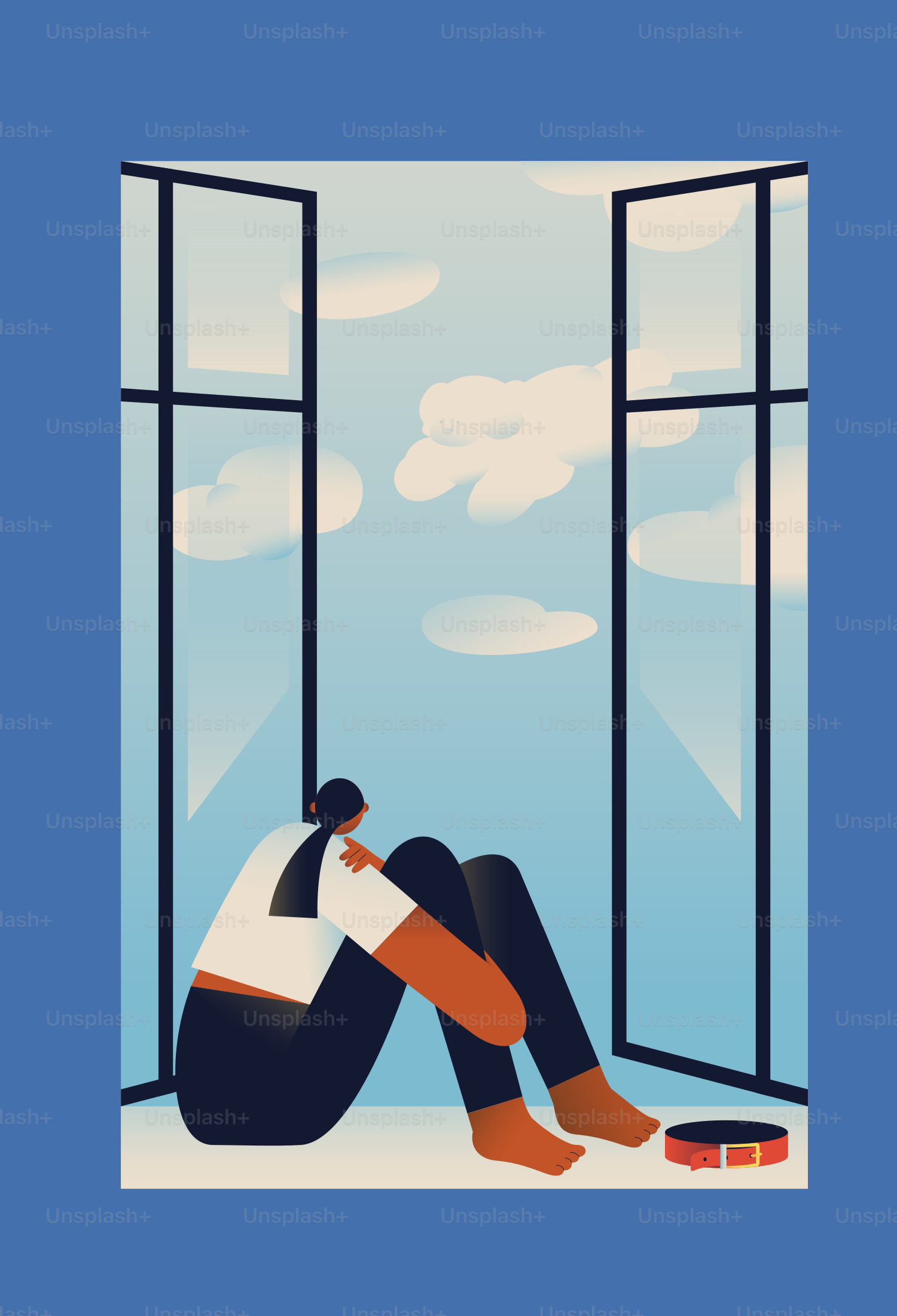 A person sitting in an open window frame against a blue sky with clouds