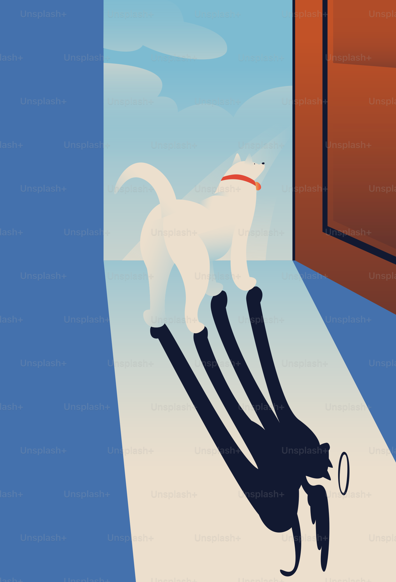 A white dog with a red collar casting a long shadow with wings