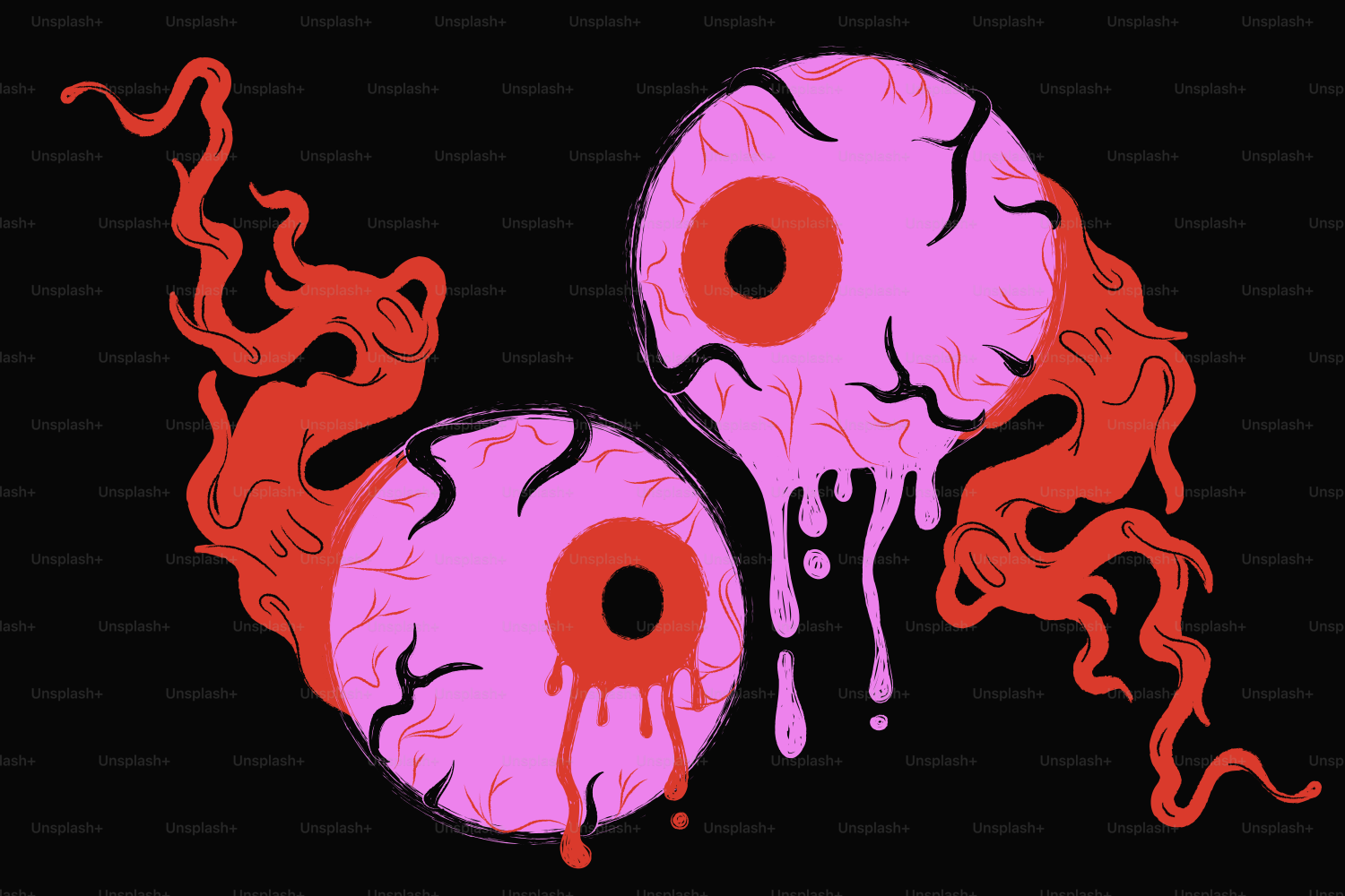 Two pink eyeballs with red irises and dripping liquid against a black background