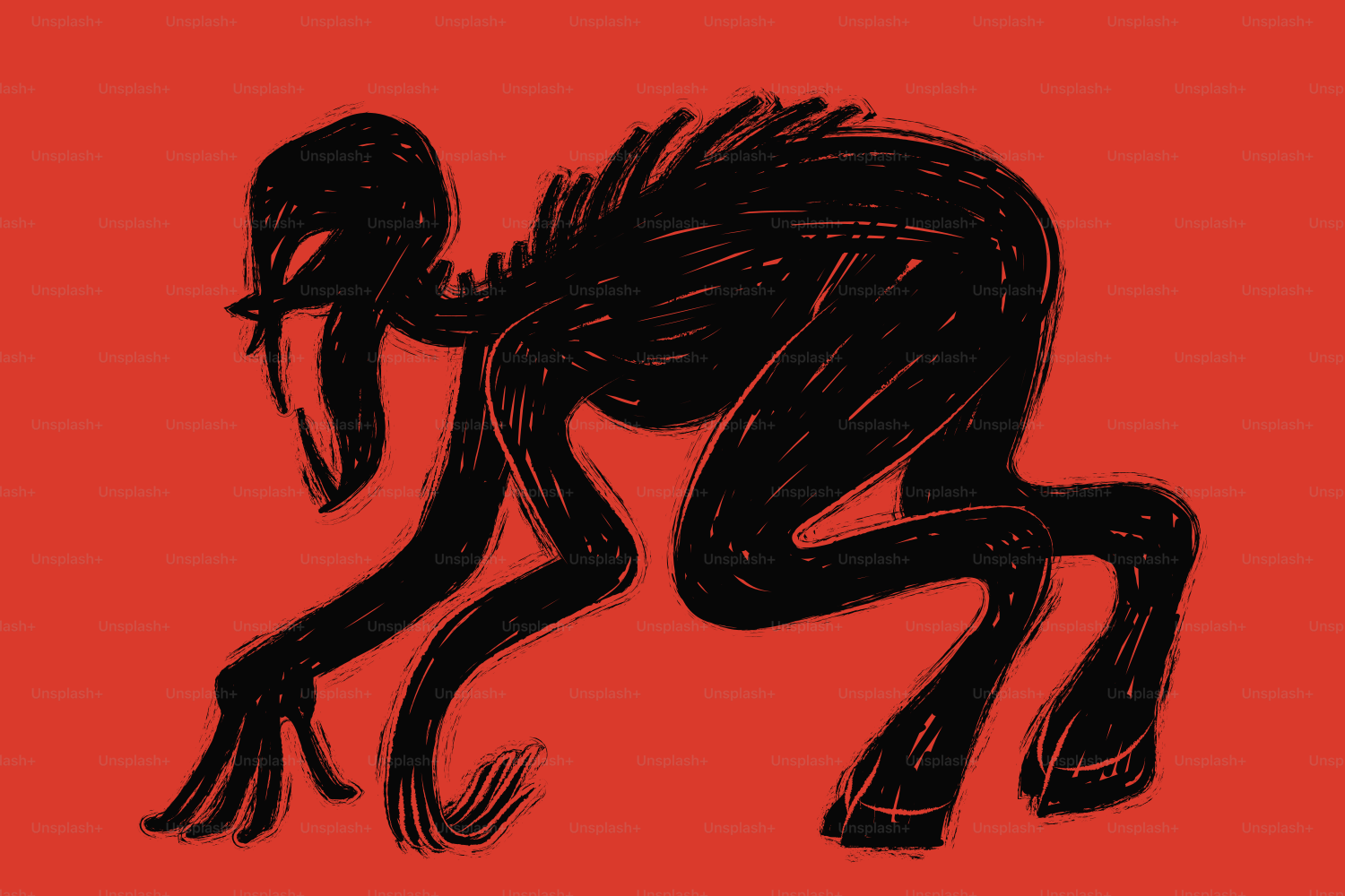 A black ink-style silhouette of a crouching creature on a solid red background