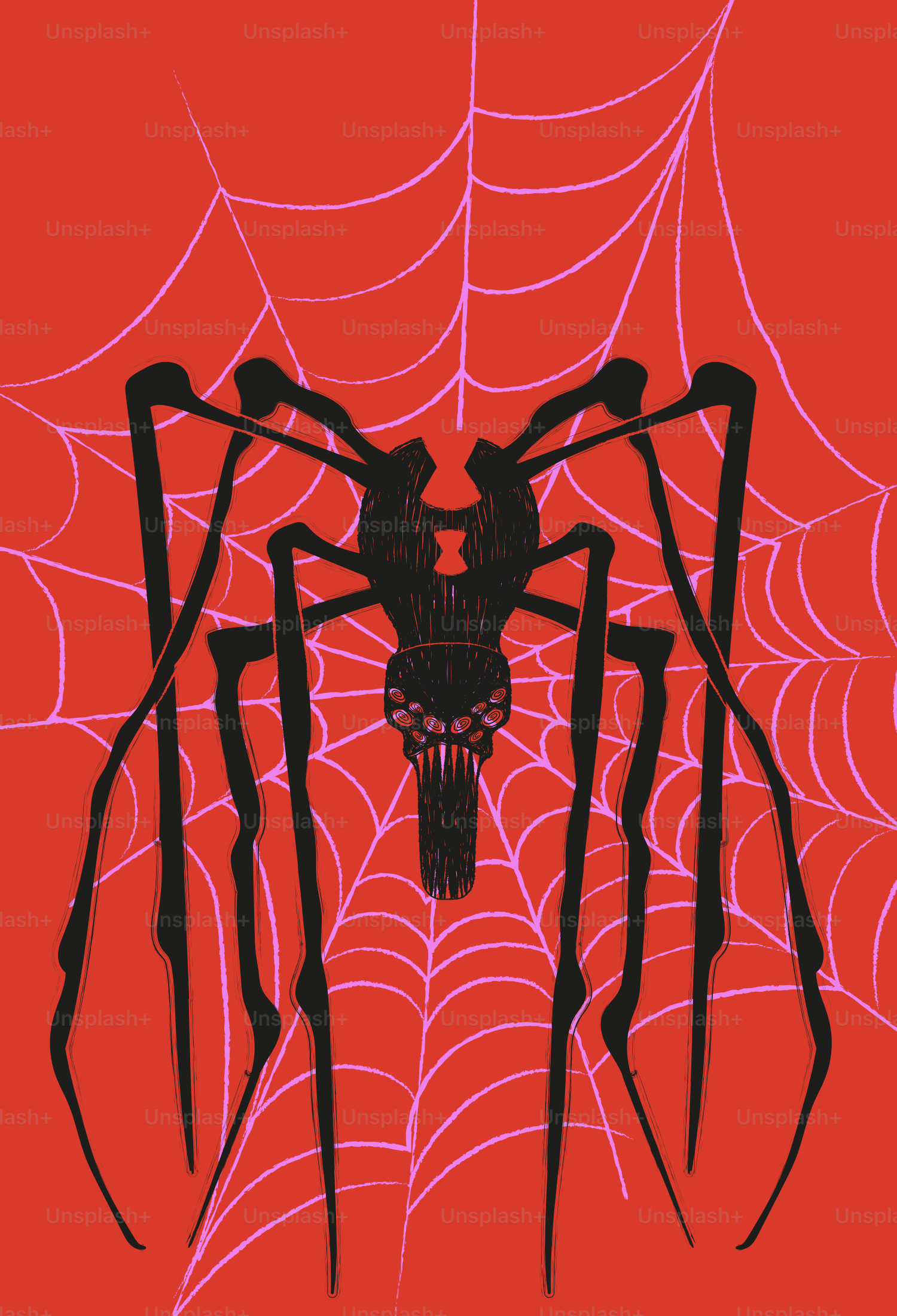 A black spider with long legs centered on a pink web against red