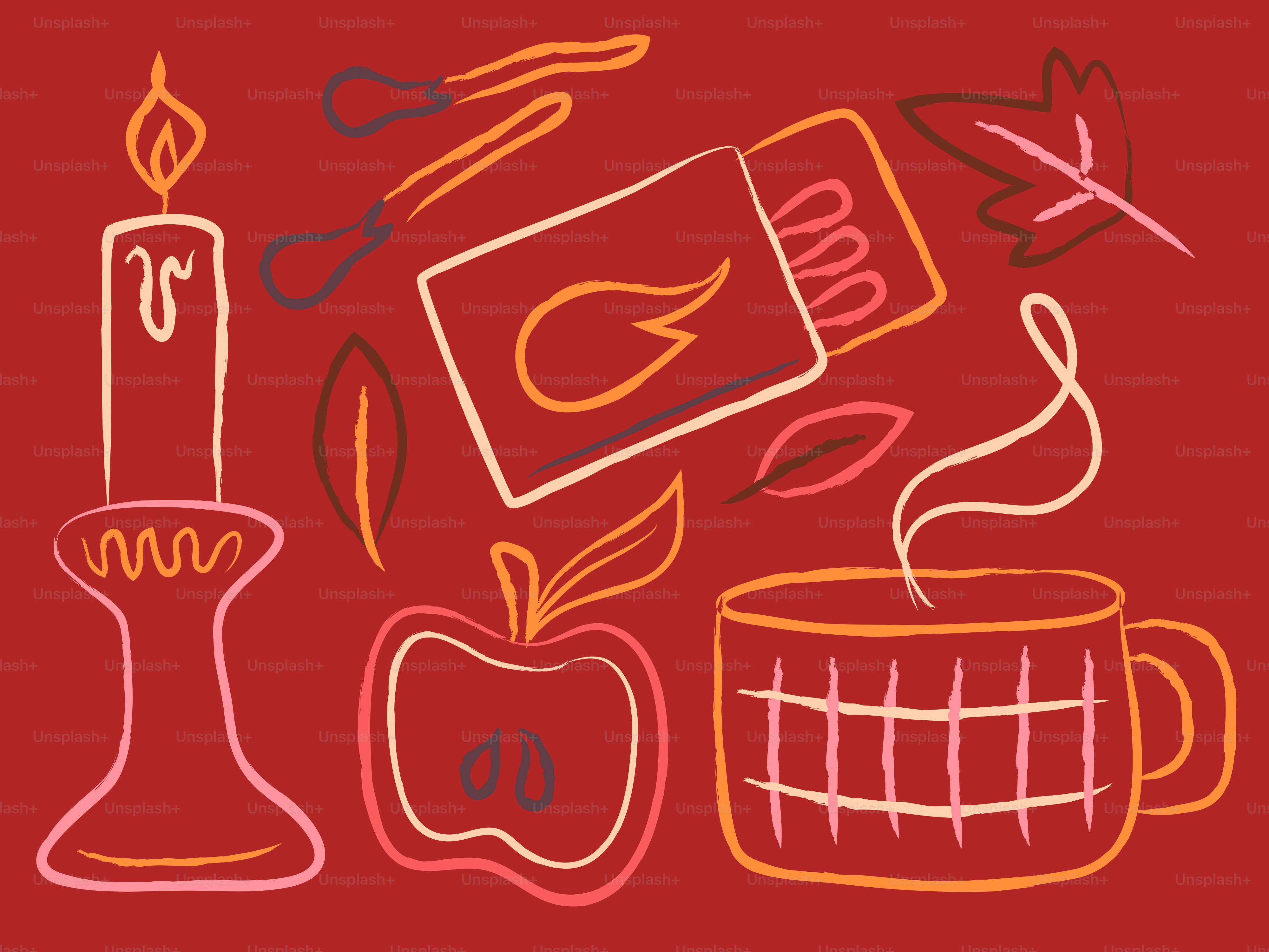 Bougie dessinée à la main, allumettes, pomme et tasse fumante sur fond rouge foncé