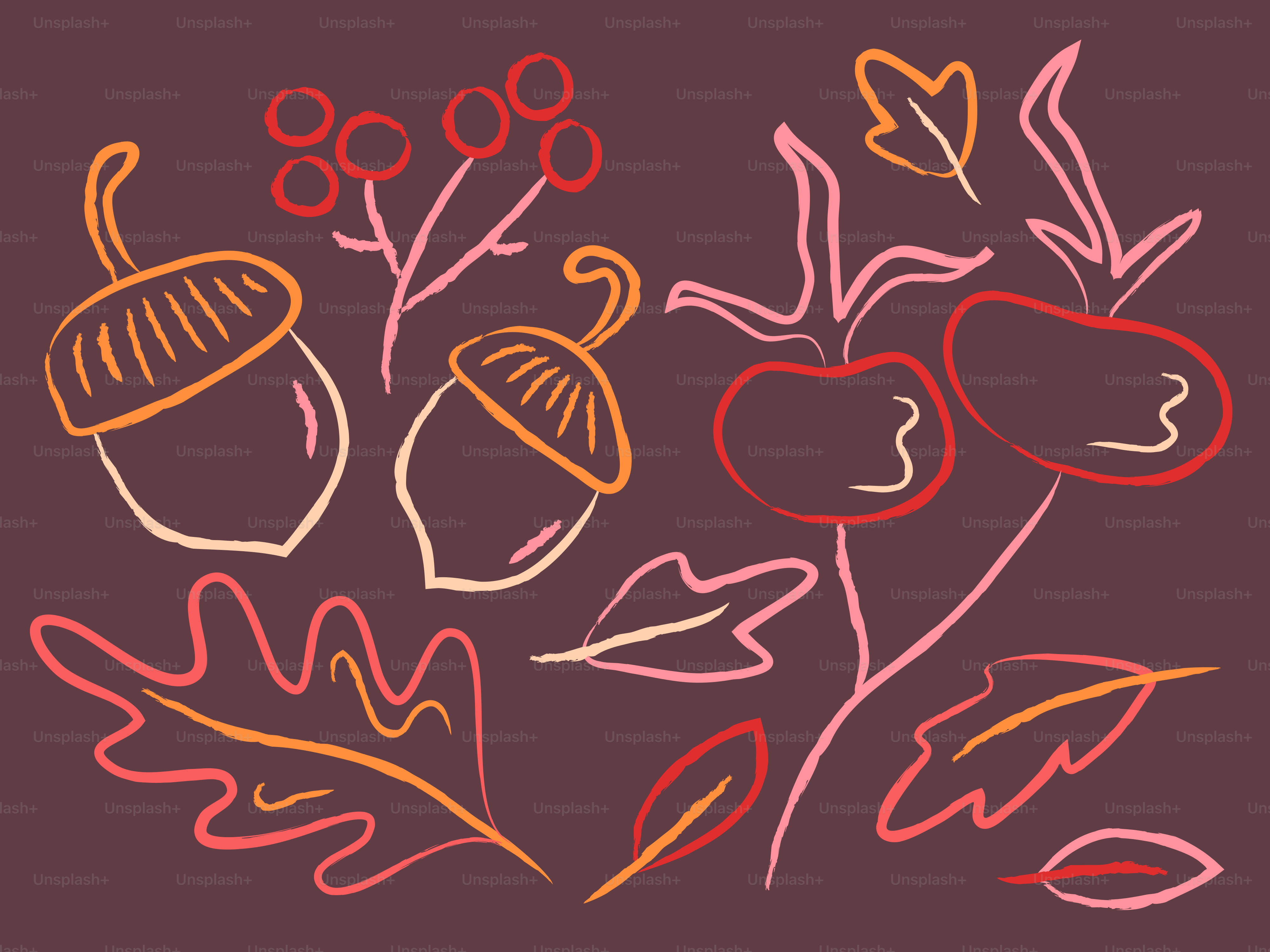 Glands dessinés à la main, des écarhorondés et des feuilles d’automne en orange et rouge sur fond brun