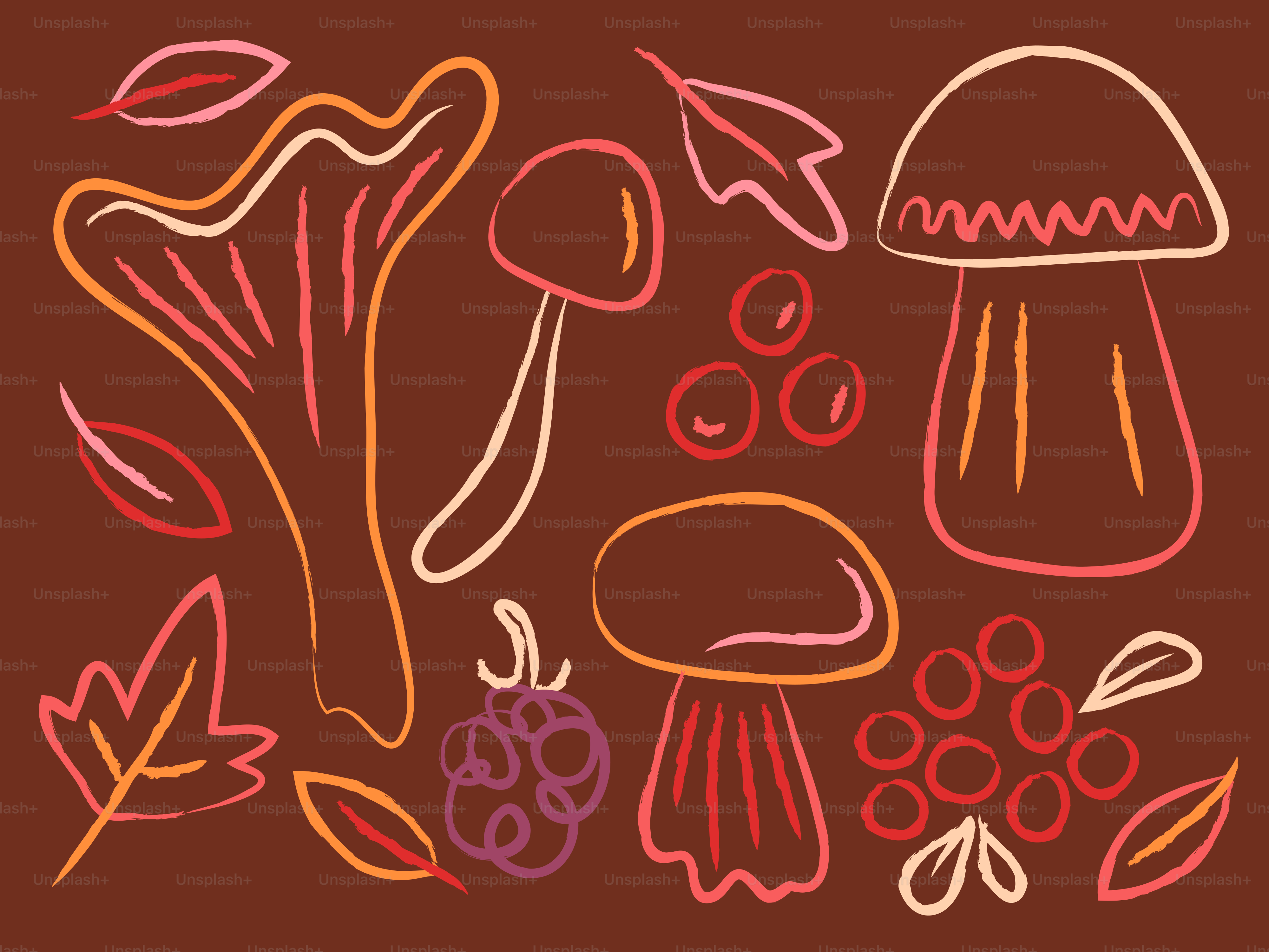 Des contours dessinés à la main de champignons, baies et feuilles sur un fond brun foncé