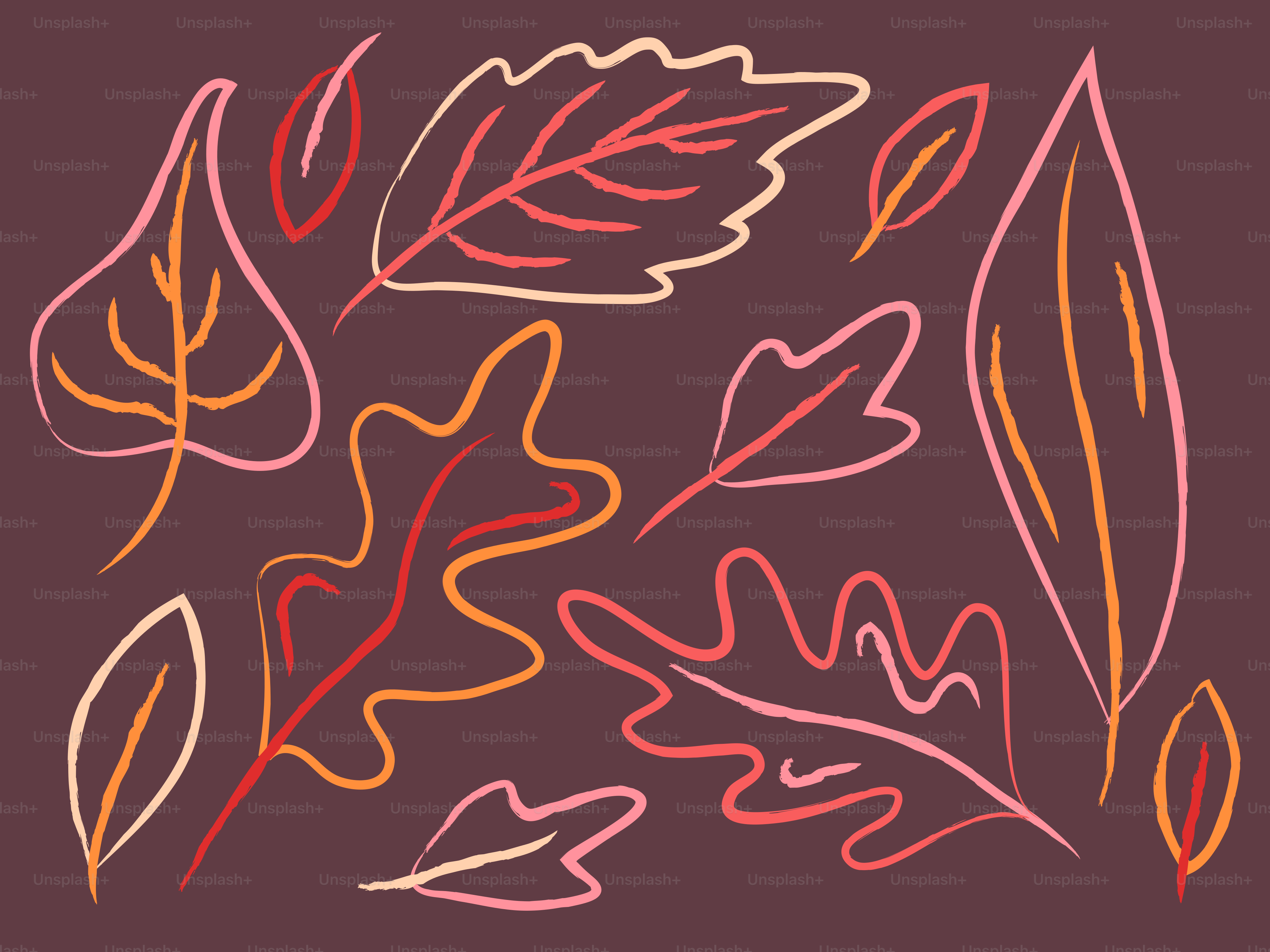 Des feuilles d’automne colorées dessinées à la main, éparpillées sur un fond brun foncé