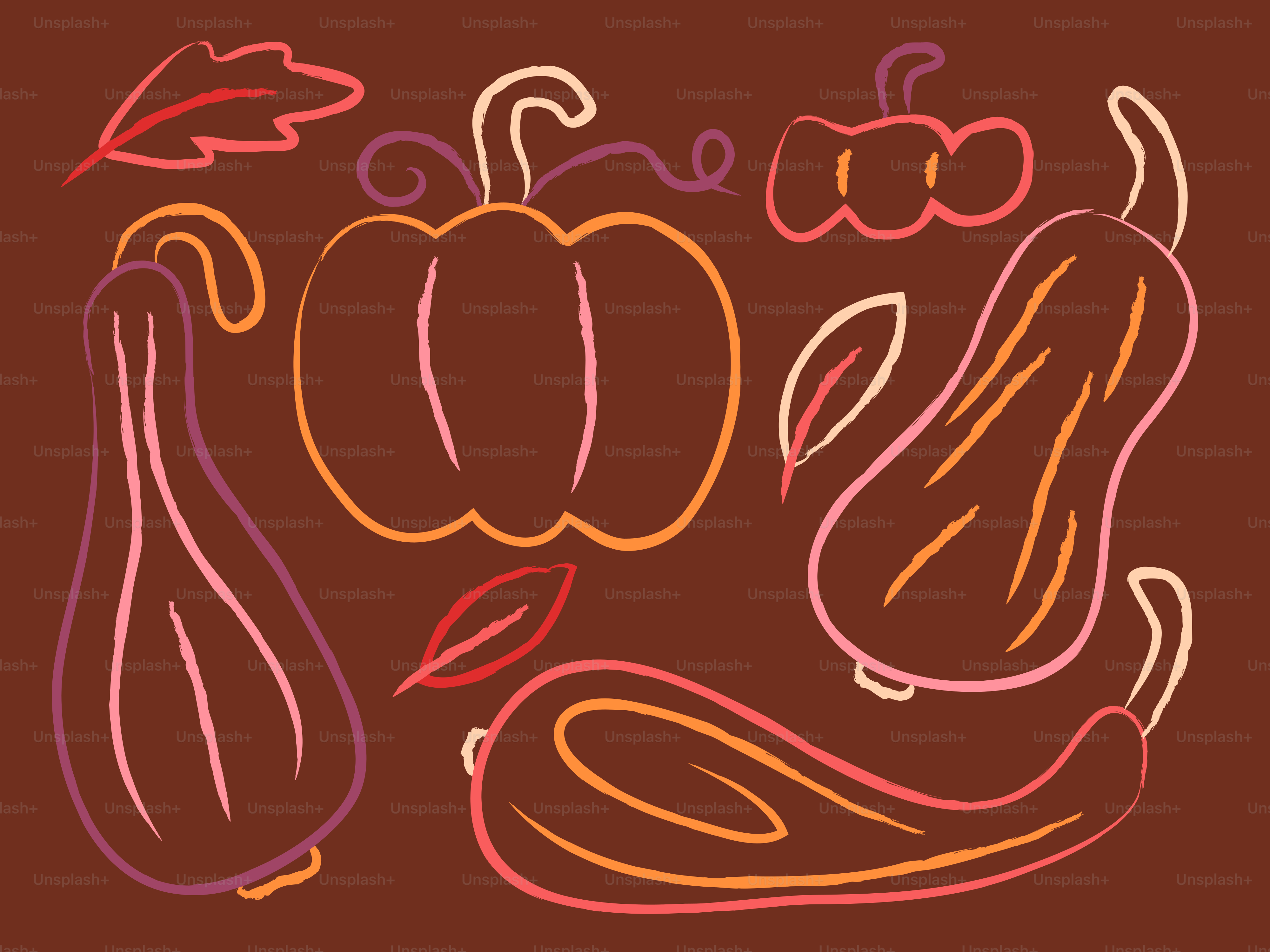 Des contours dessinés à la main de courges et feuilles en orange et rose sur fond brun
