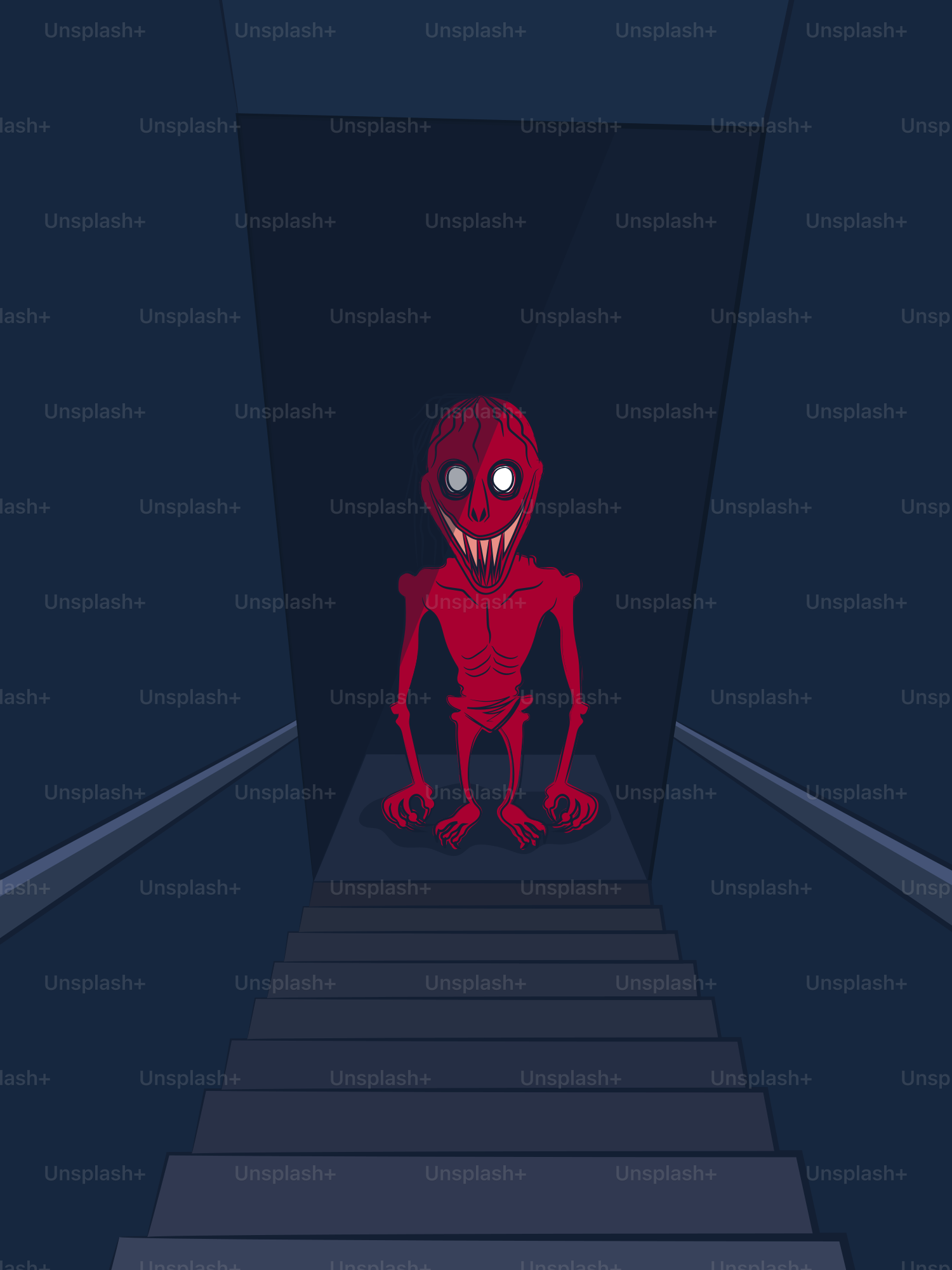 Sosok humanoid merah dengan gigi tajam di bawah tangga gelap.