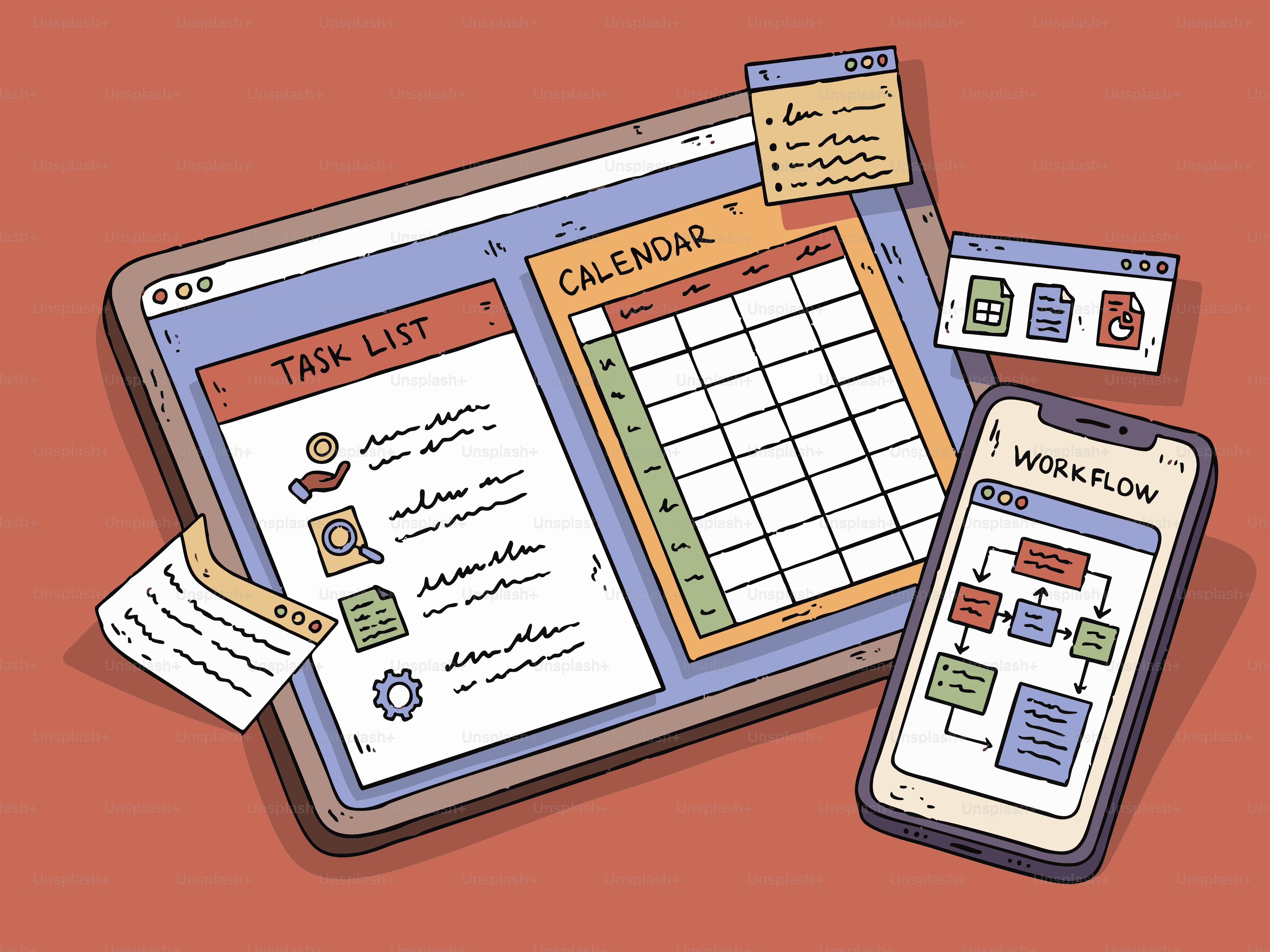 Une tablette et un smartphone affichant des listes de tâches, un calendrier et des schémas de workflow