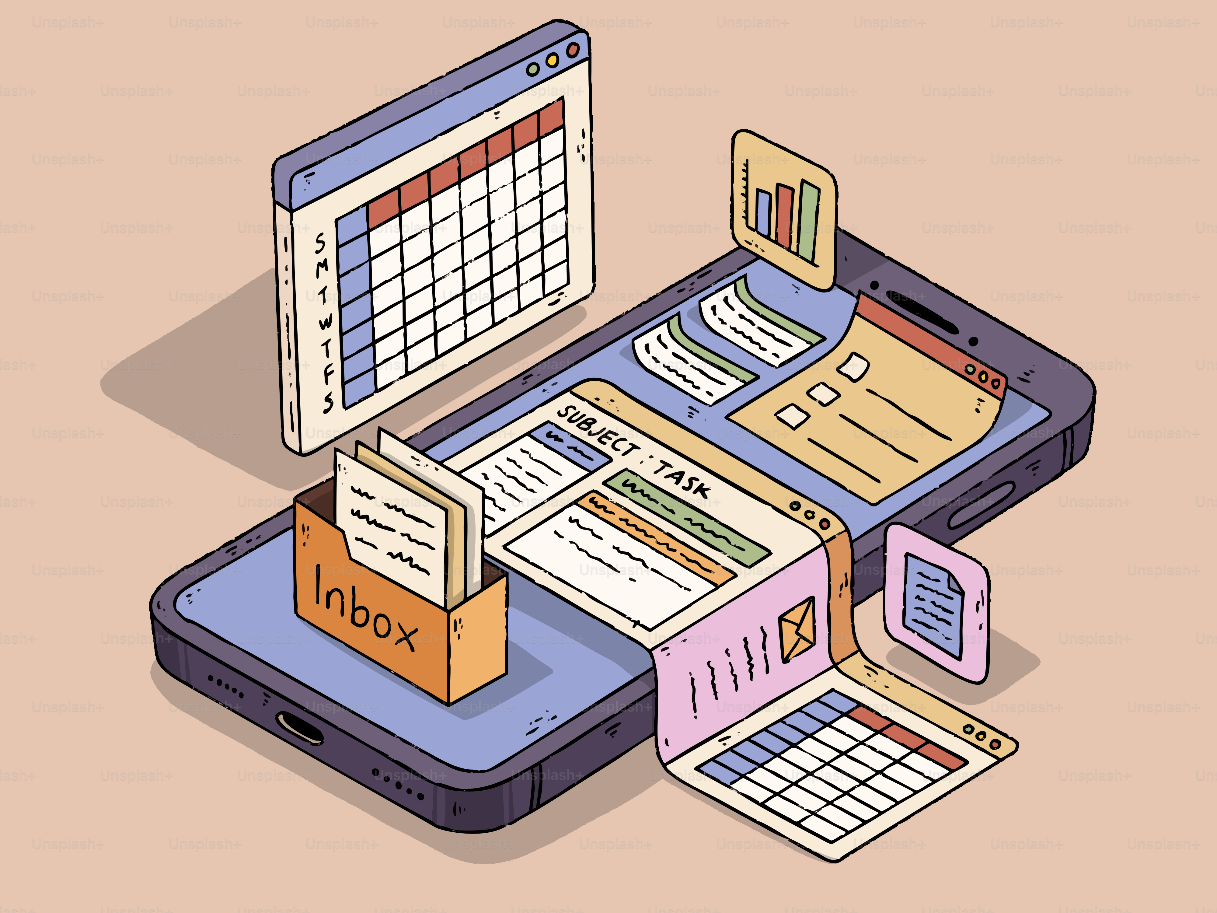 Un smartphone affichant des listes de tâches numériques, des calendriers et une boîte de réception