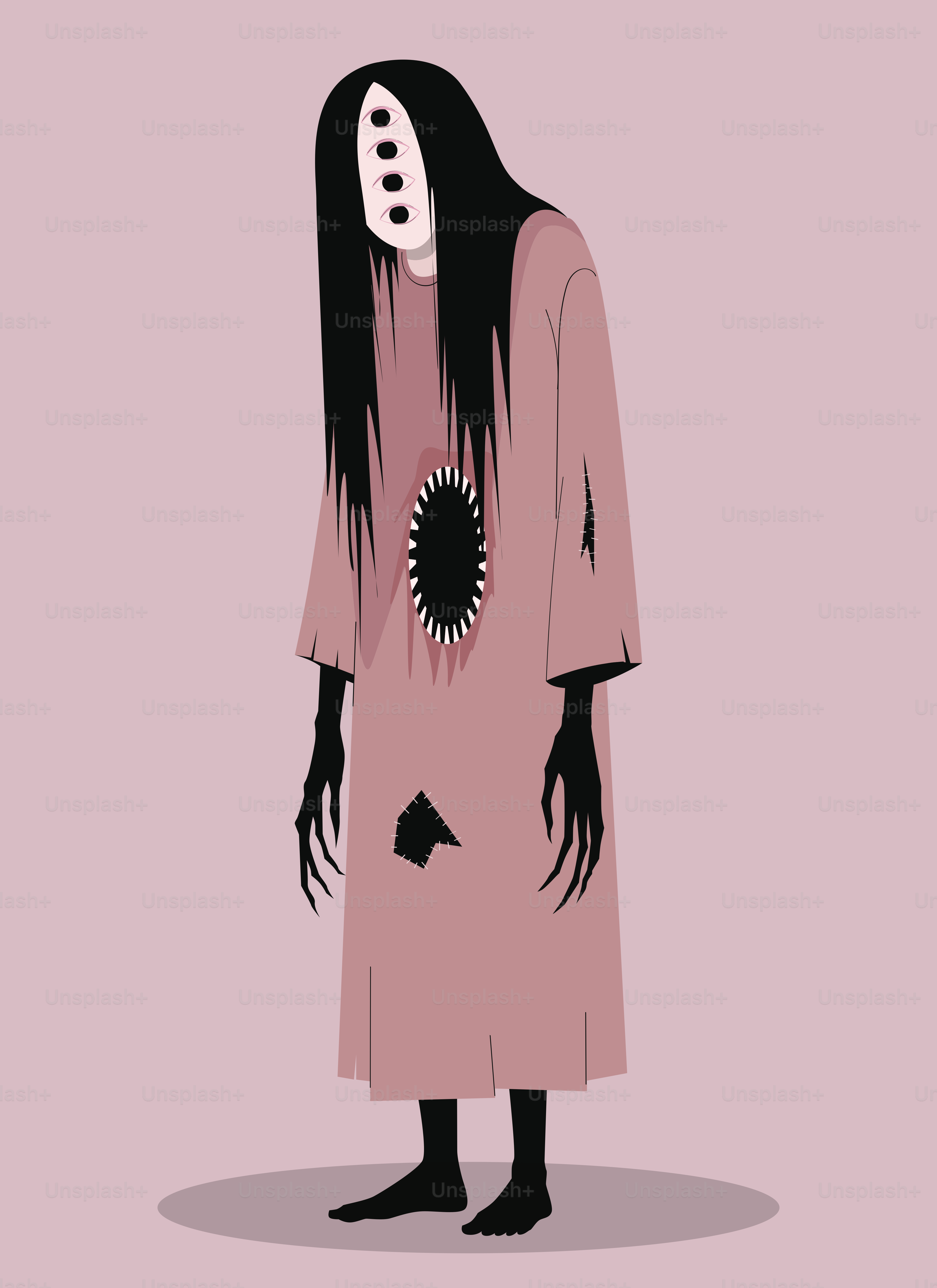 Eine blasse Gestalt mit langen schwarzen Haaren und vier Augen in einem rosa Kleid