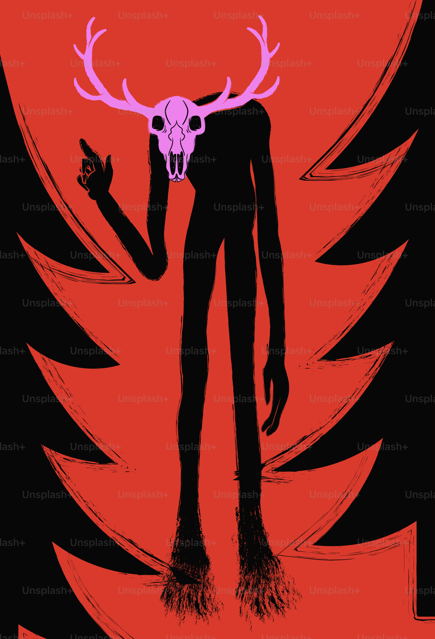 A tall black figure with a pink deer skull head against a red background