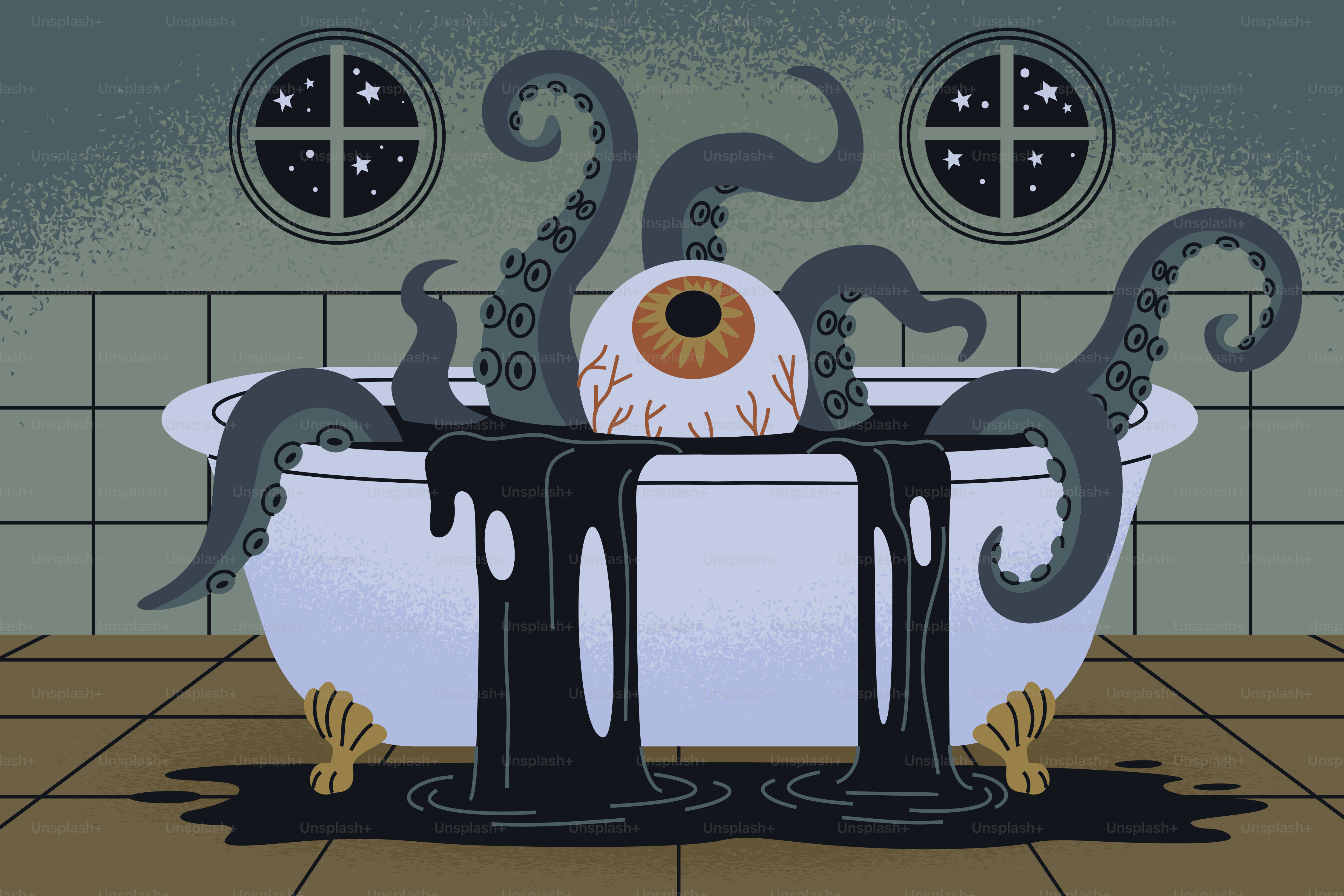 A giant eyeball and dark tentacles emerging from a bathtub filled with black liquid