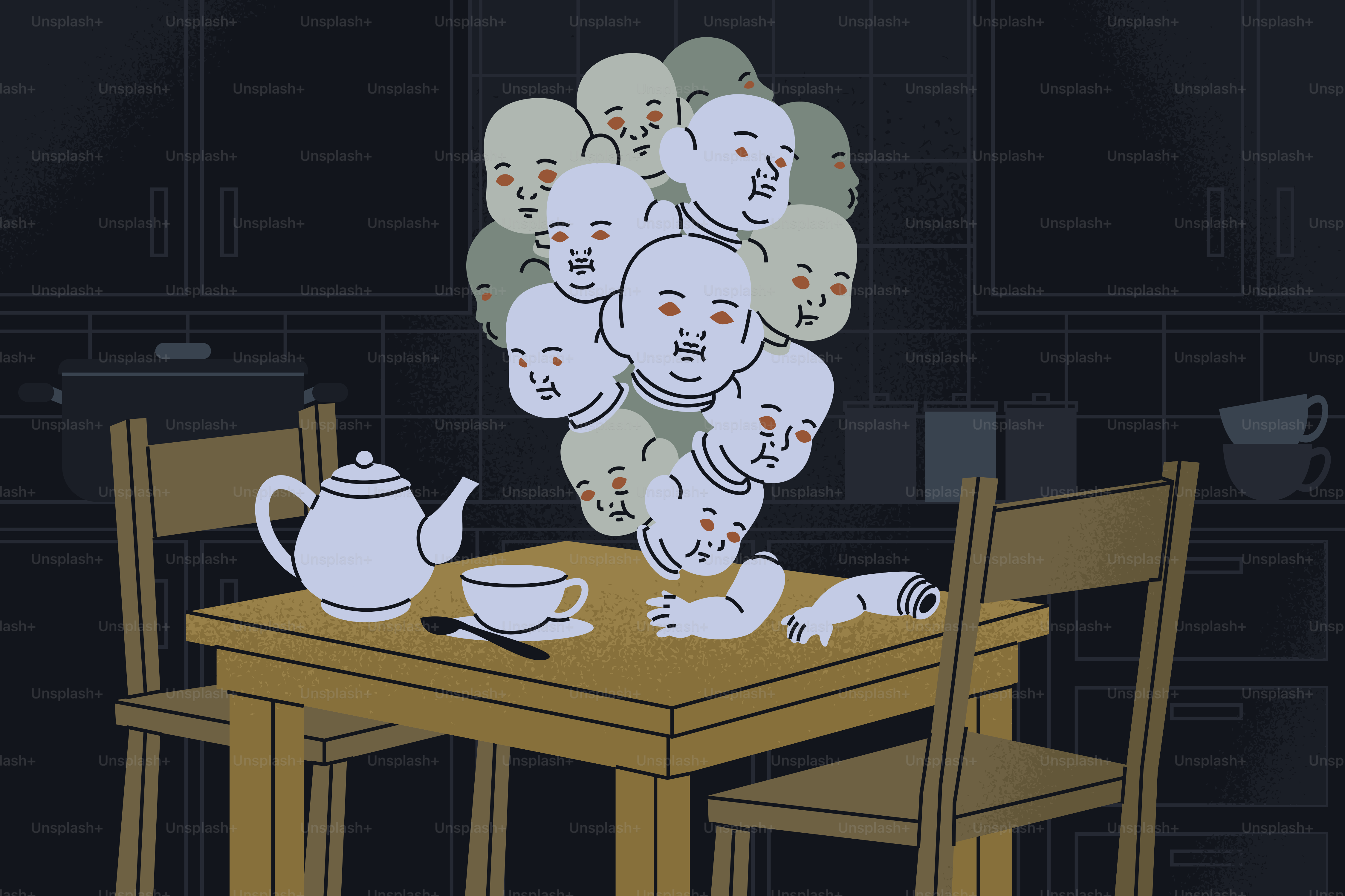 A cluster of pale heads floating above a wooden table with a teapot