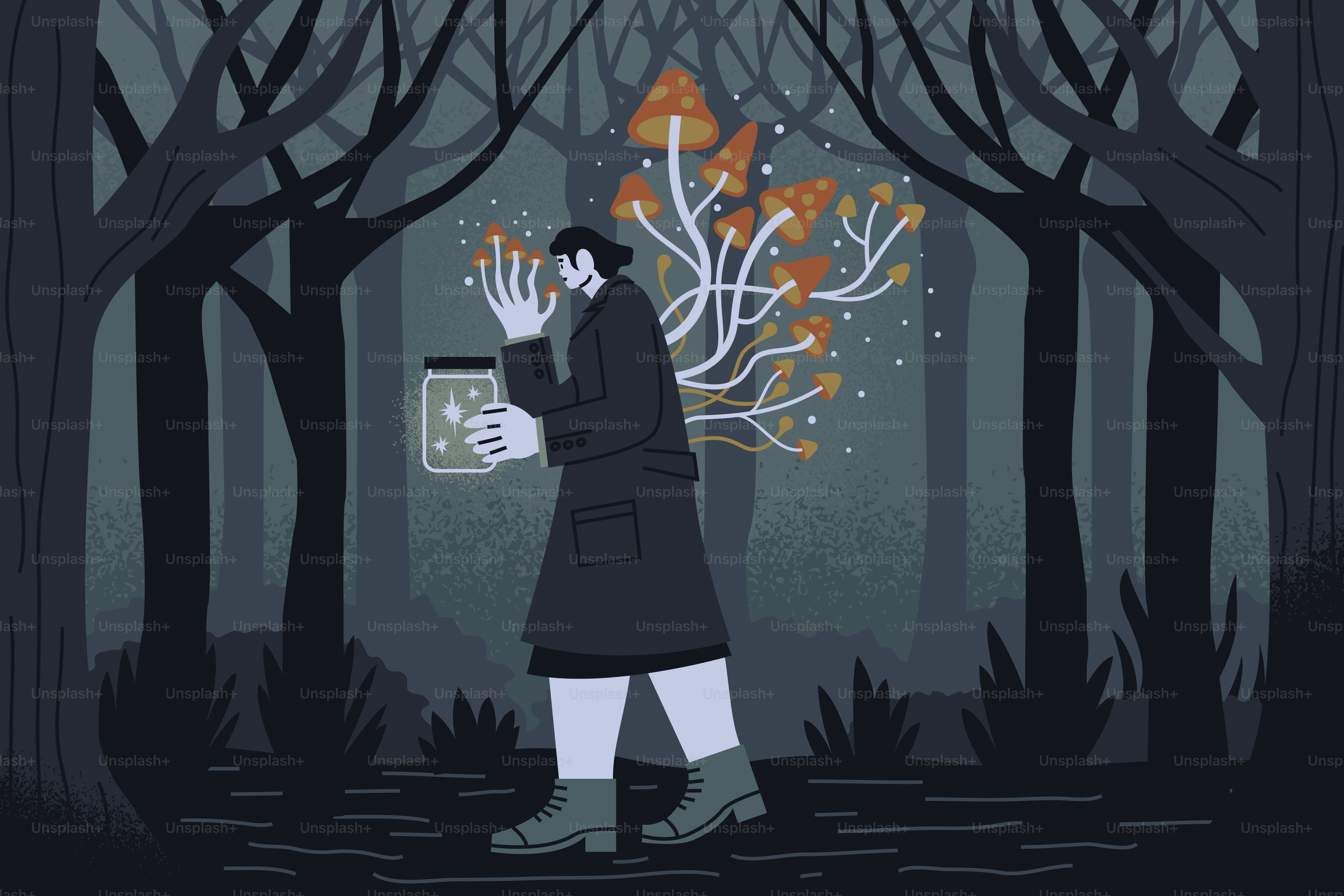 A person in a dark coat walking through a forest holding a glowing jar