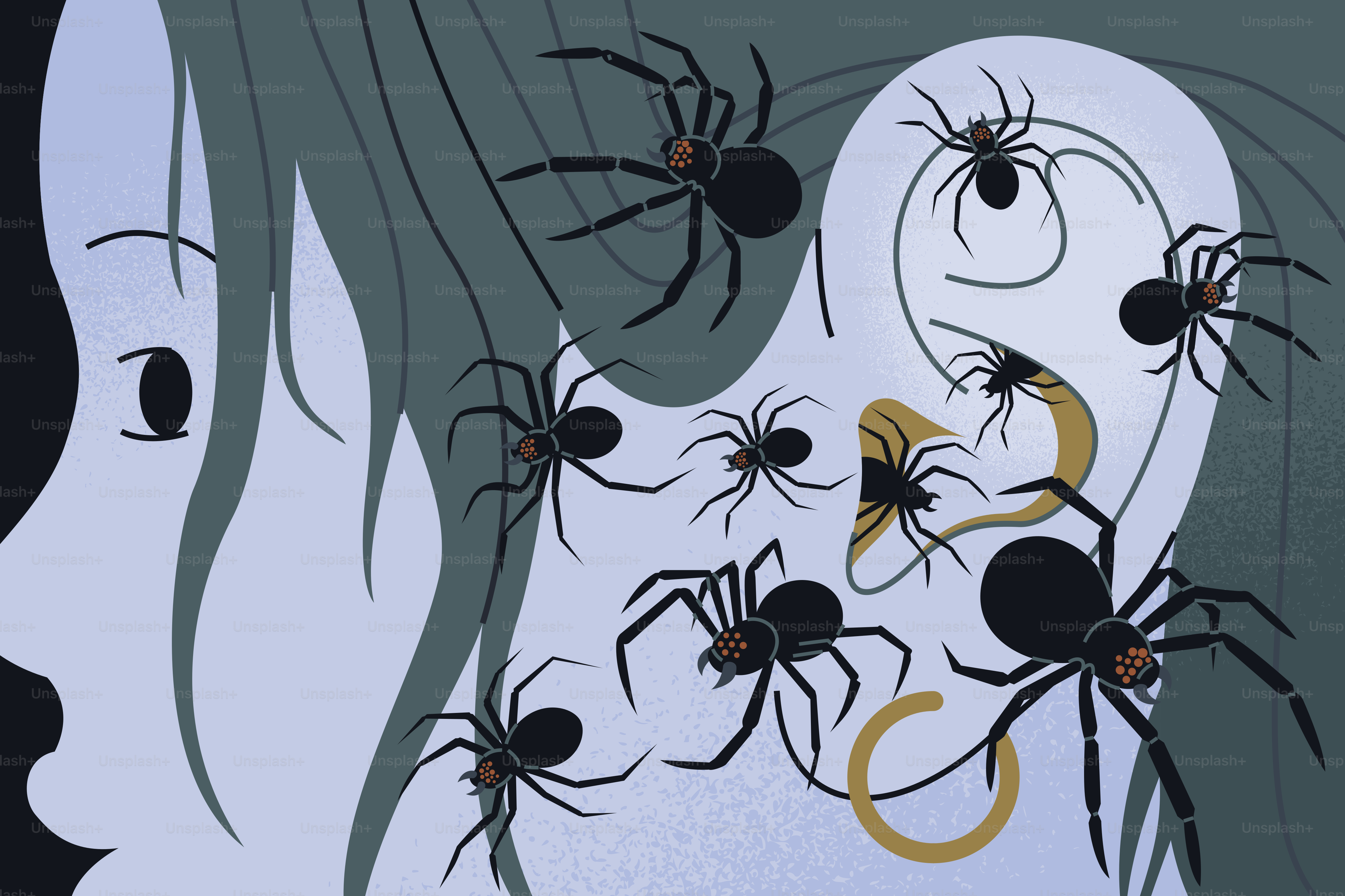 A person with black spiders crawling over their hair and ear