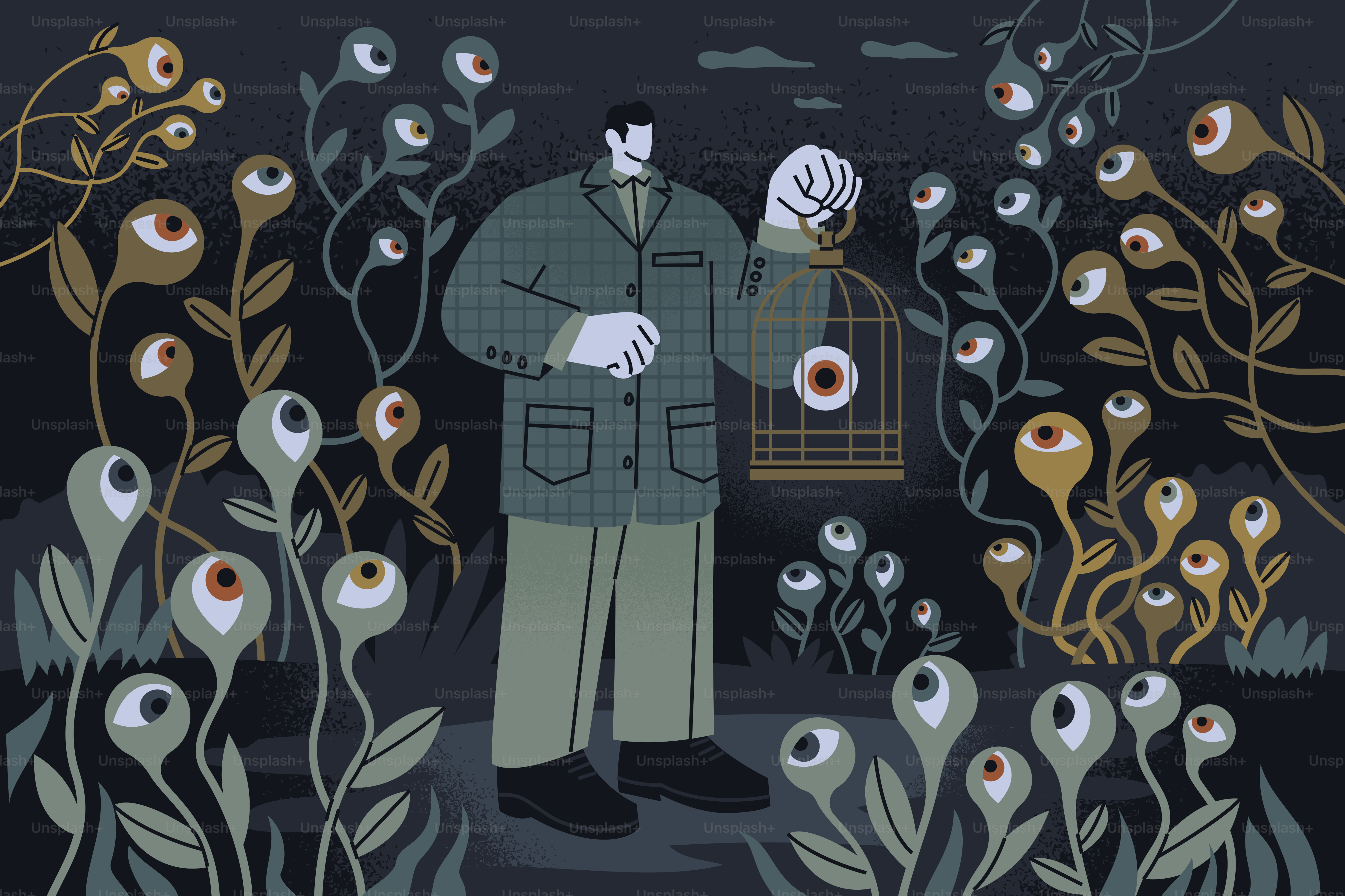 A person in a plaid jacket holding a birdcage containing a single eye