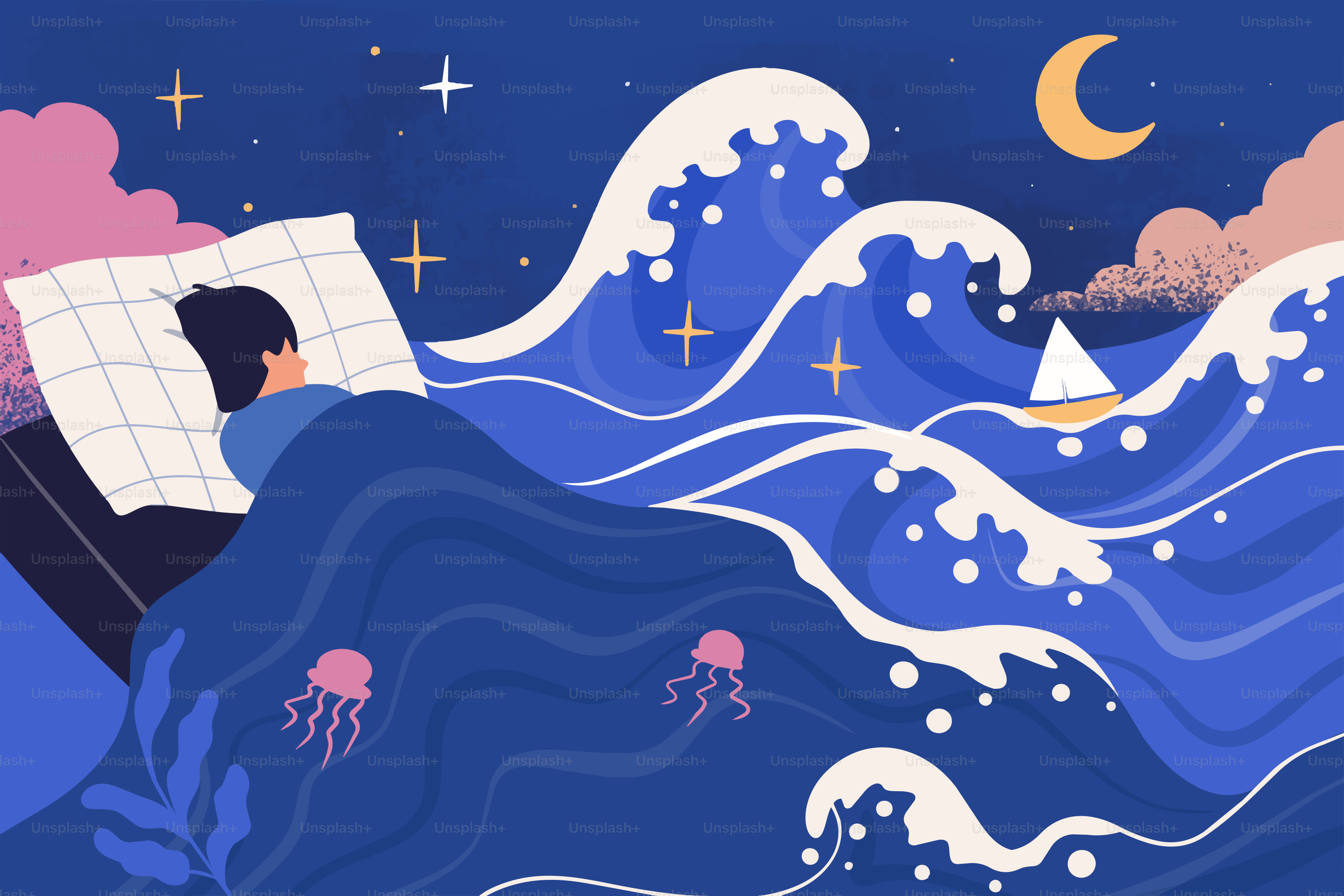 Person sleeping in bed with ocean - Vector Illustration on Unsplash+