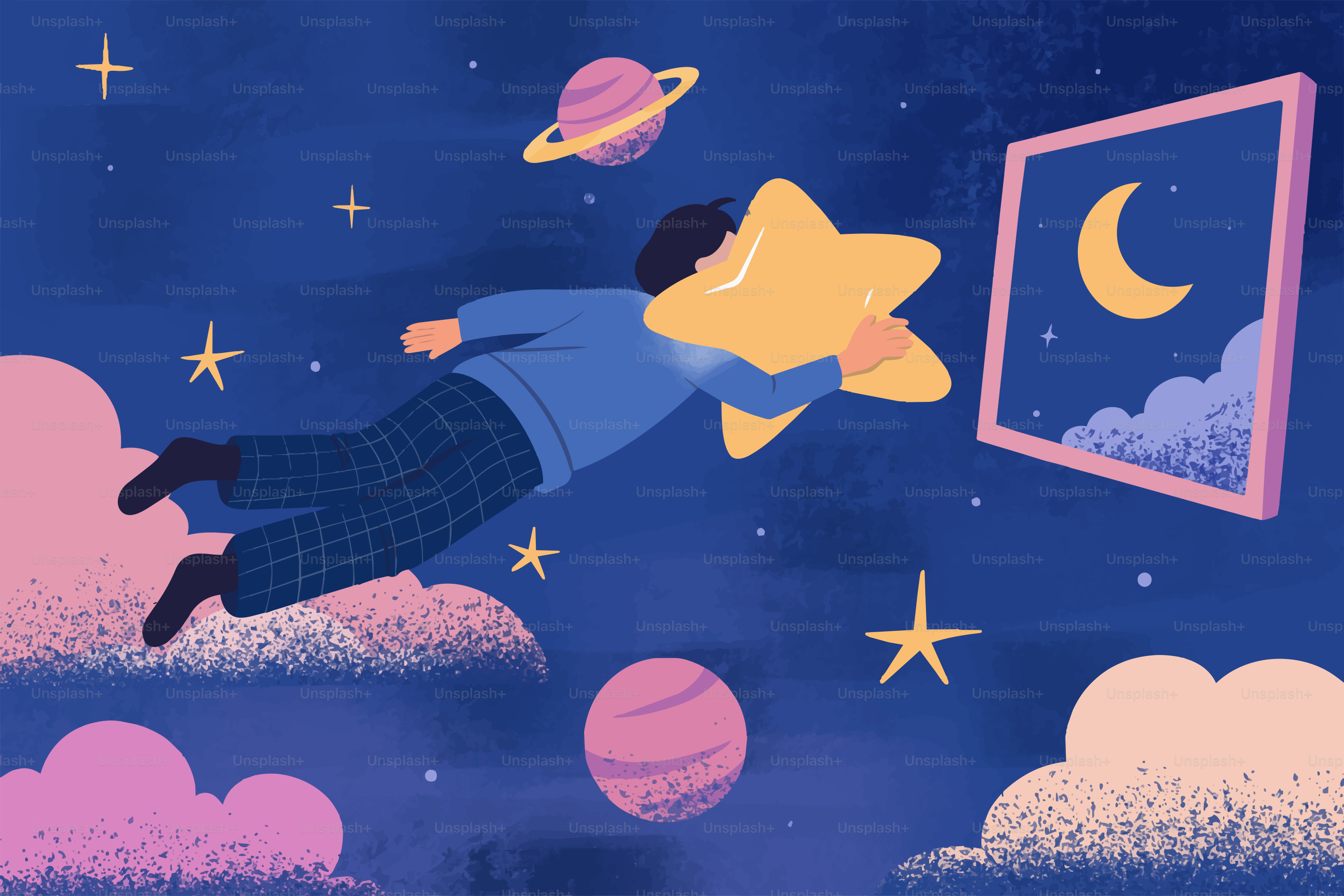 Person sleeping in bed with ocean - Vector Illustration on Unsplash+