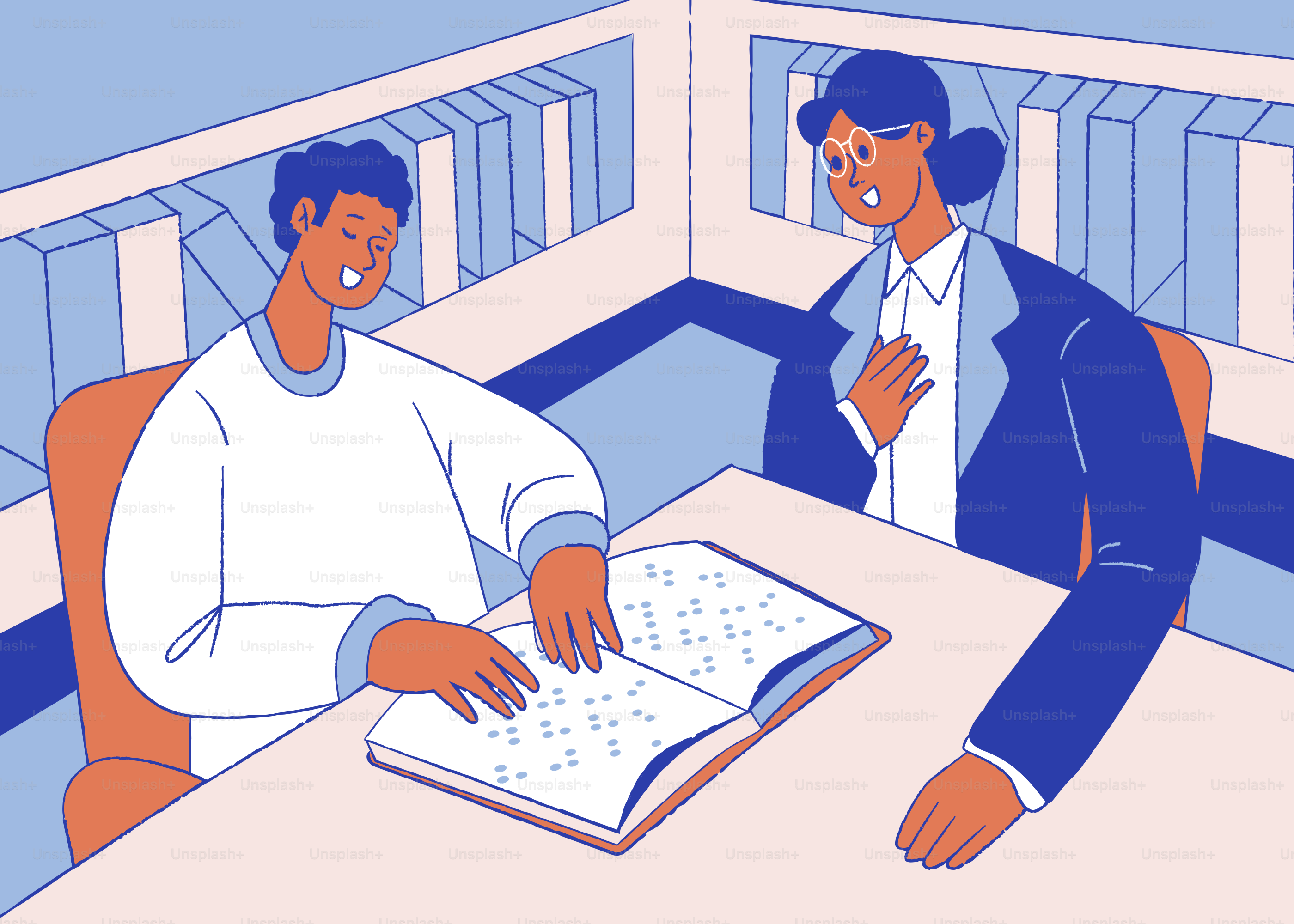 Una persona che legge un libro in braille a un tavolo con un'altra persona