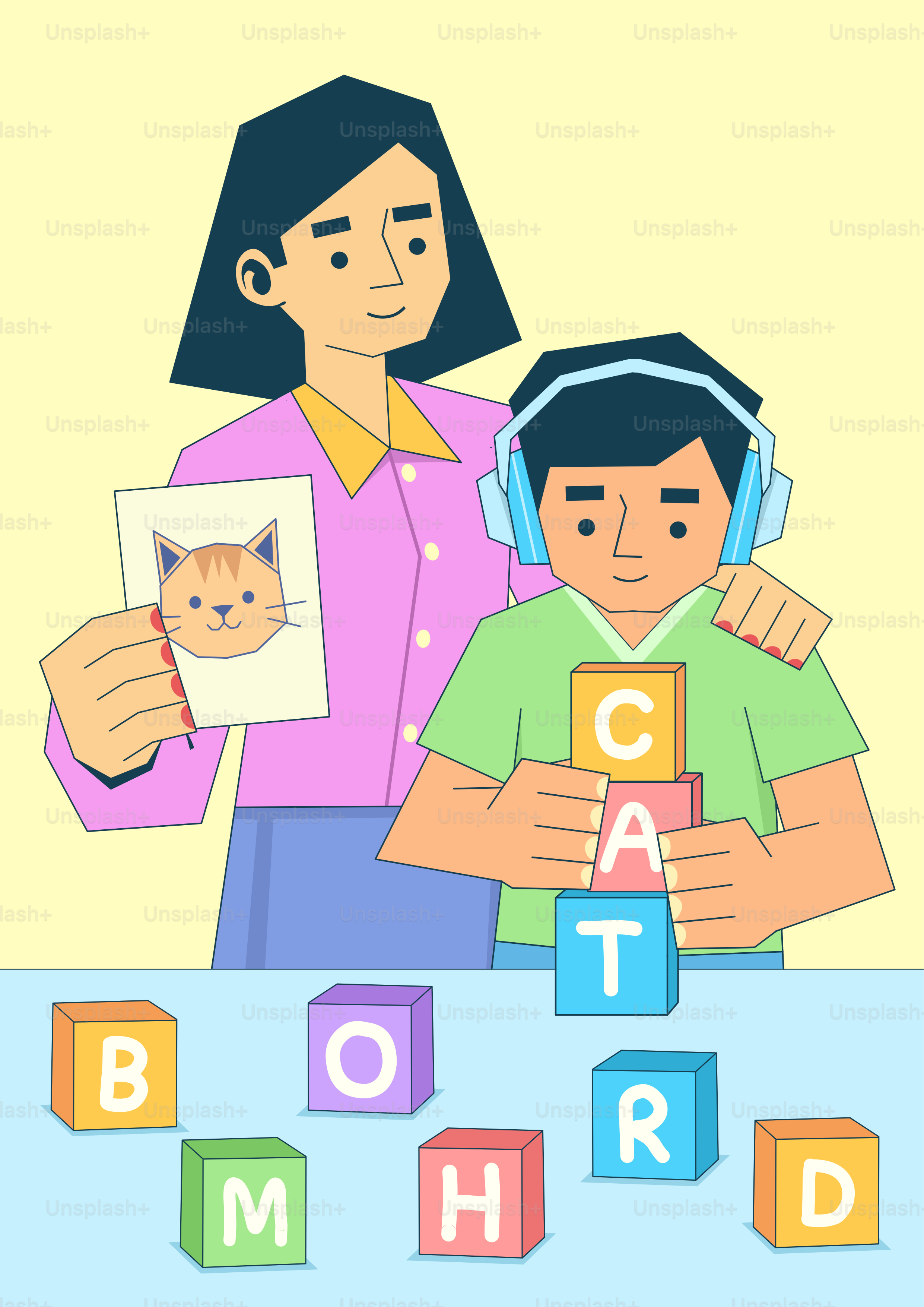 Una donna che tiene un disegno di gatto dietro un bambino che impila blocchi di lettere