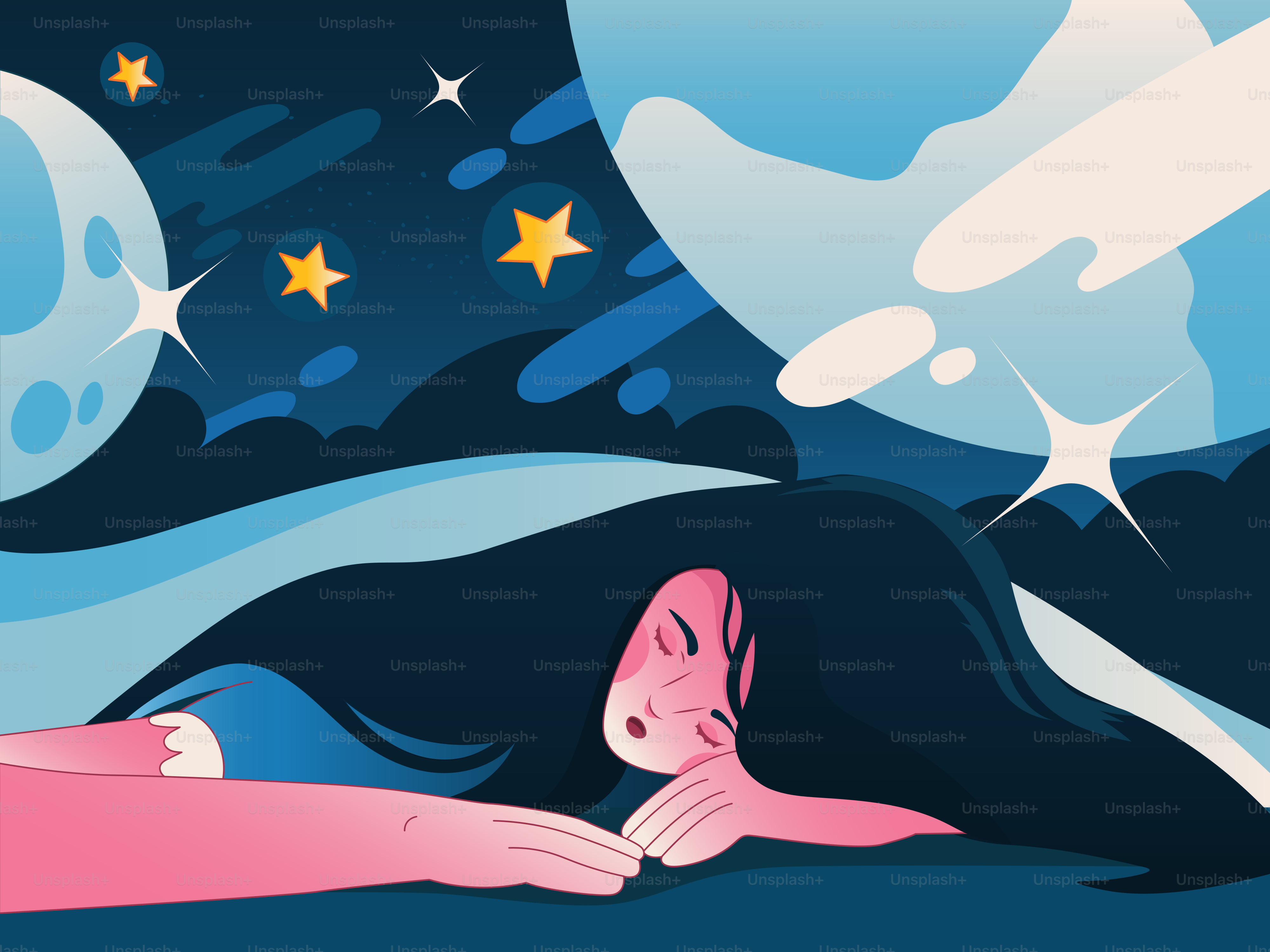 A person with long dark hair sleeping under a night sky with stars