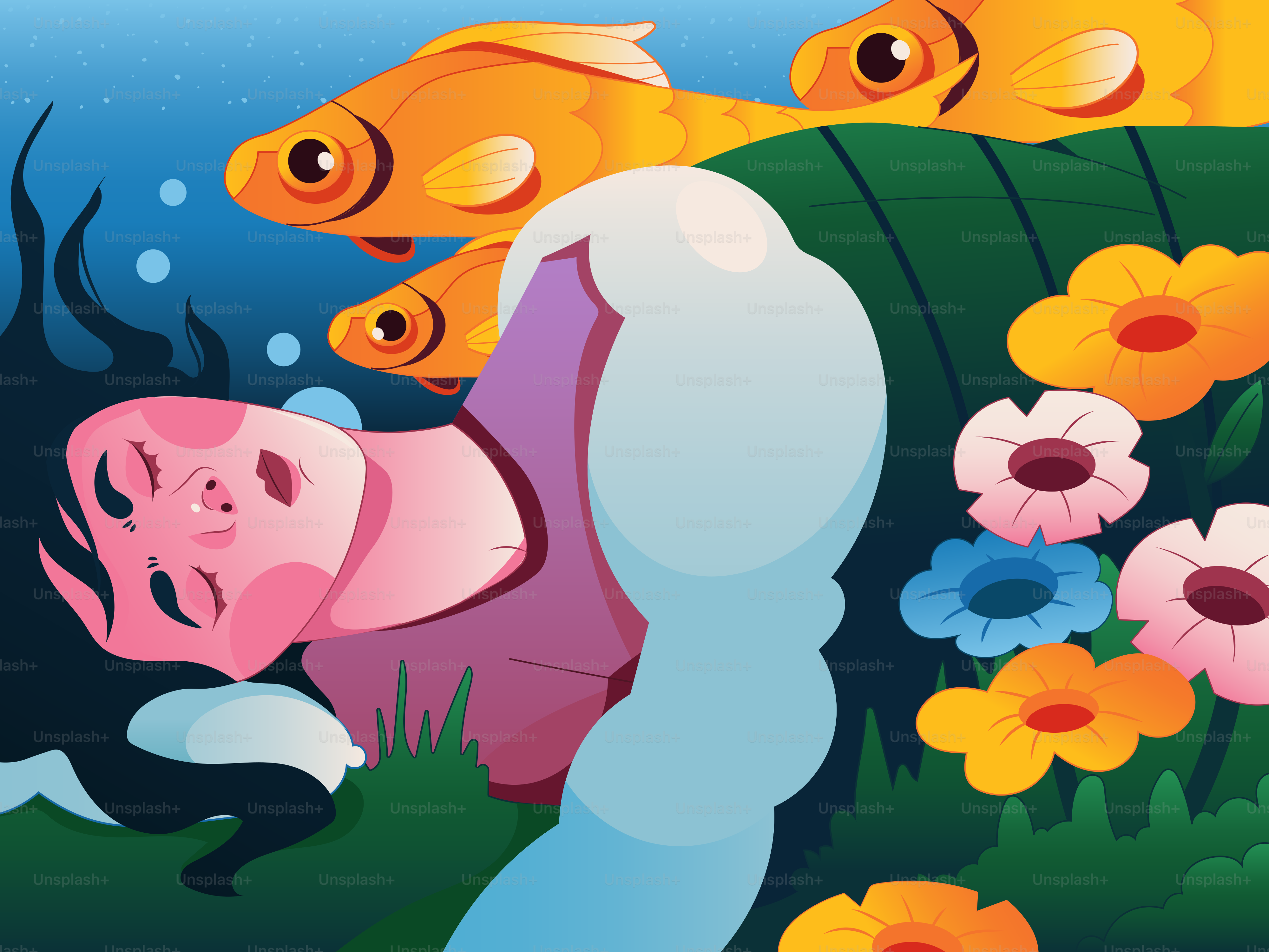 A person with closed eyes underwater surrounded by orange fish and colorful flowers