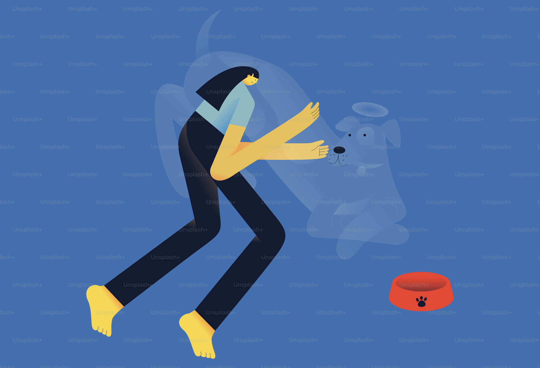 A person reaching toward a ghostly dog silhouette near a red pet bowl