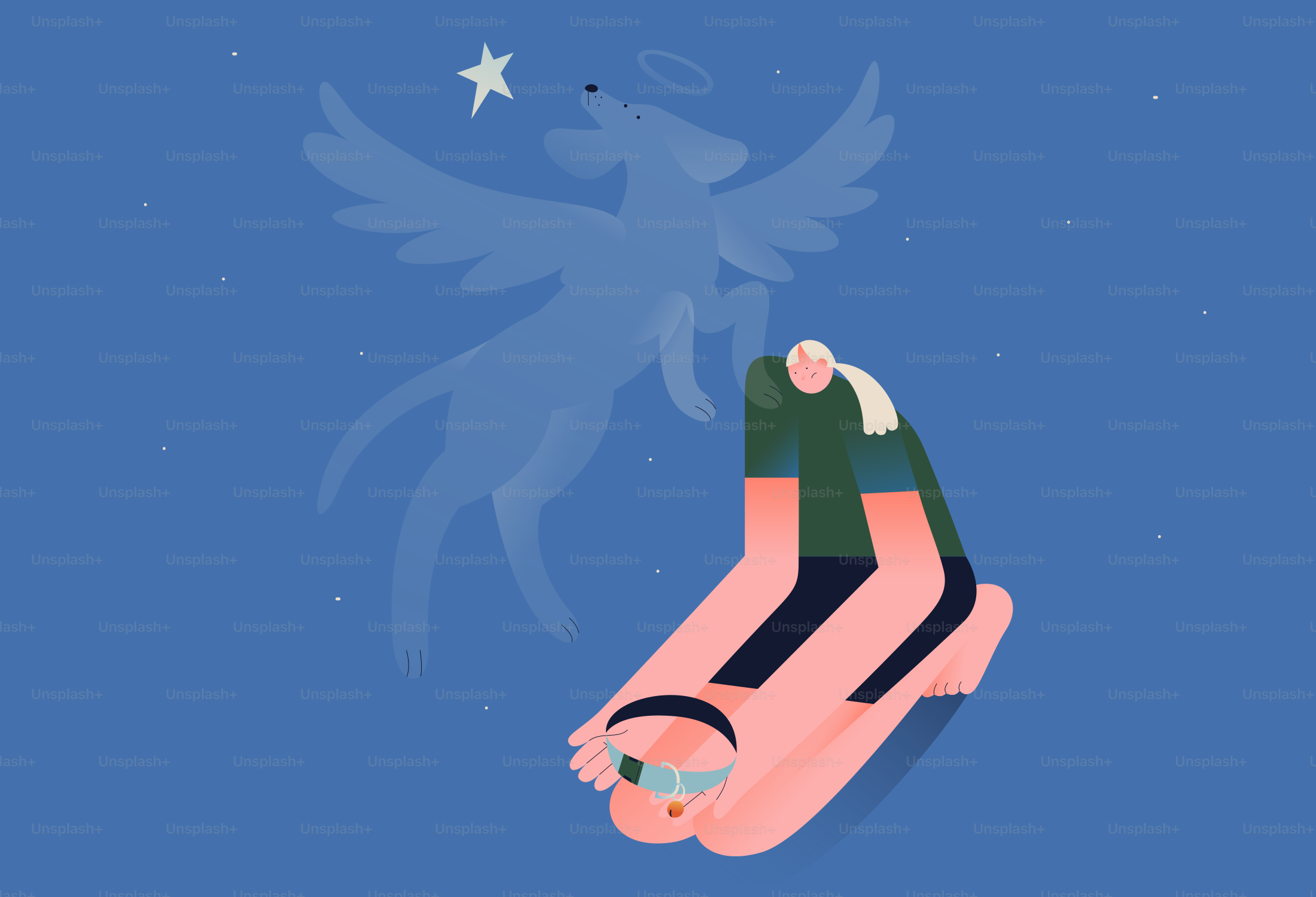 A person kneeling and holding a dog collar beneath a winged dog silhouette
